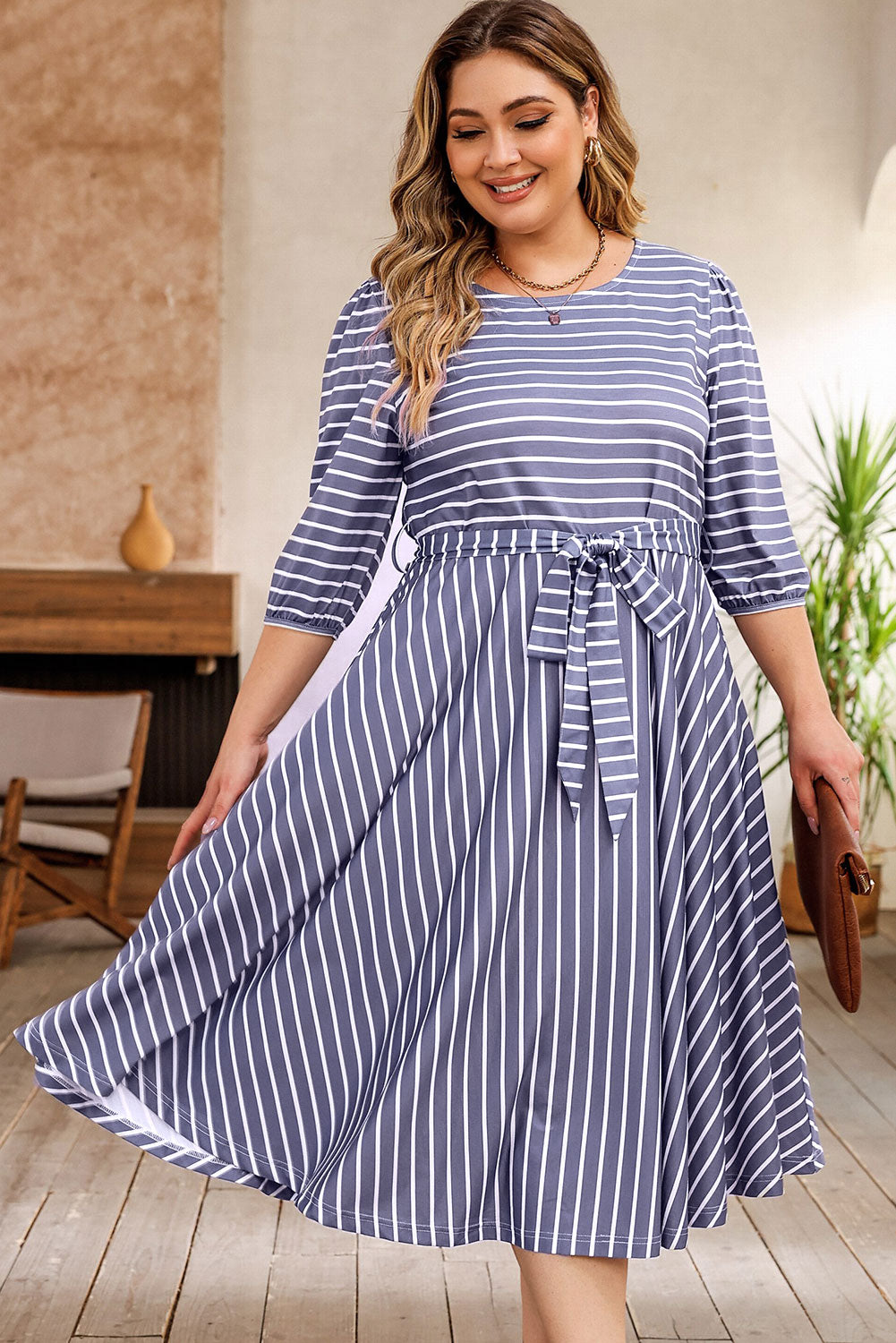Dress for Women Tie Waist Three-Quarter Sleeve Plus Size