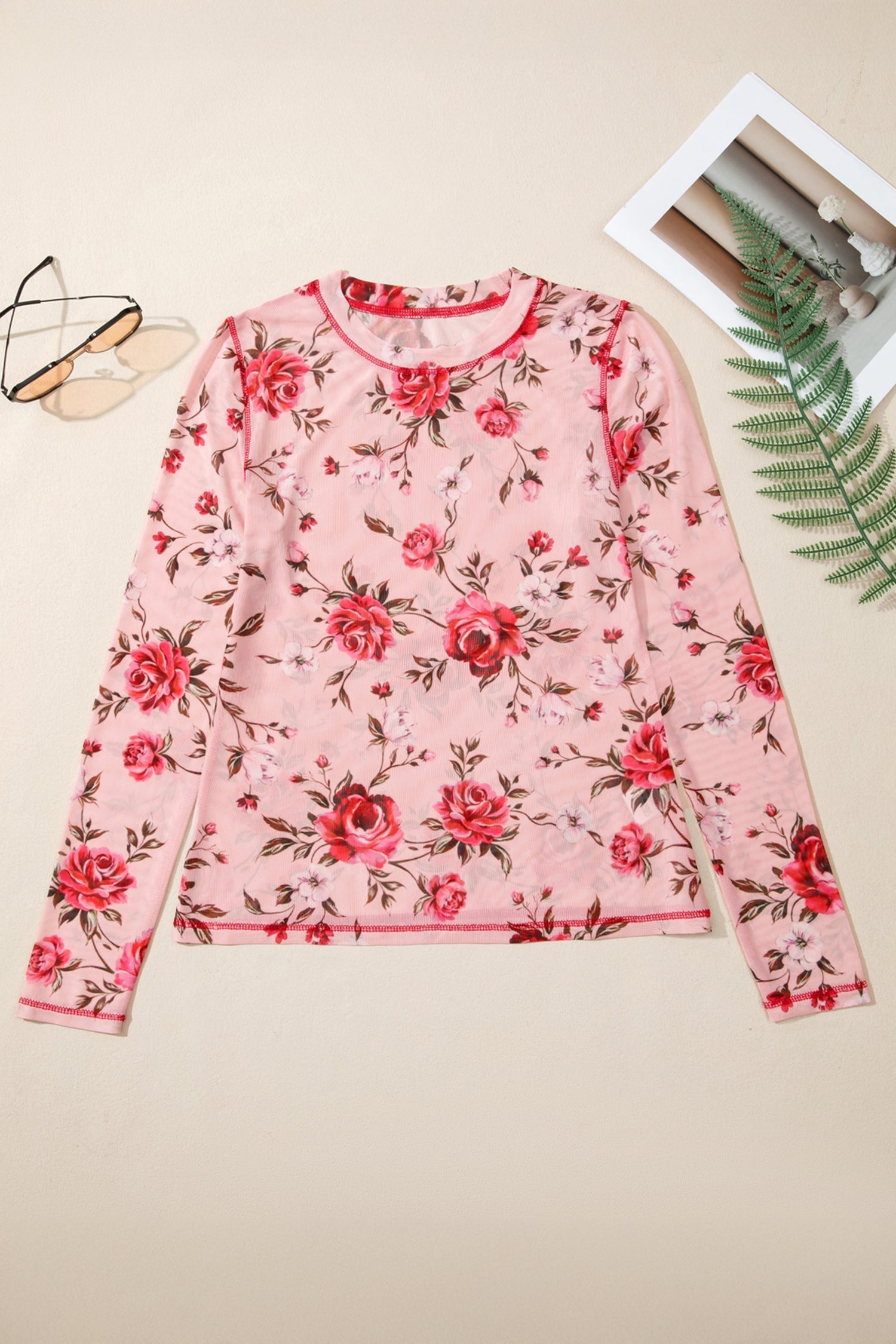 Floral-Print Detail Exposed Seam Mesh Long-Sleeved Top in Pink