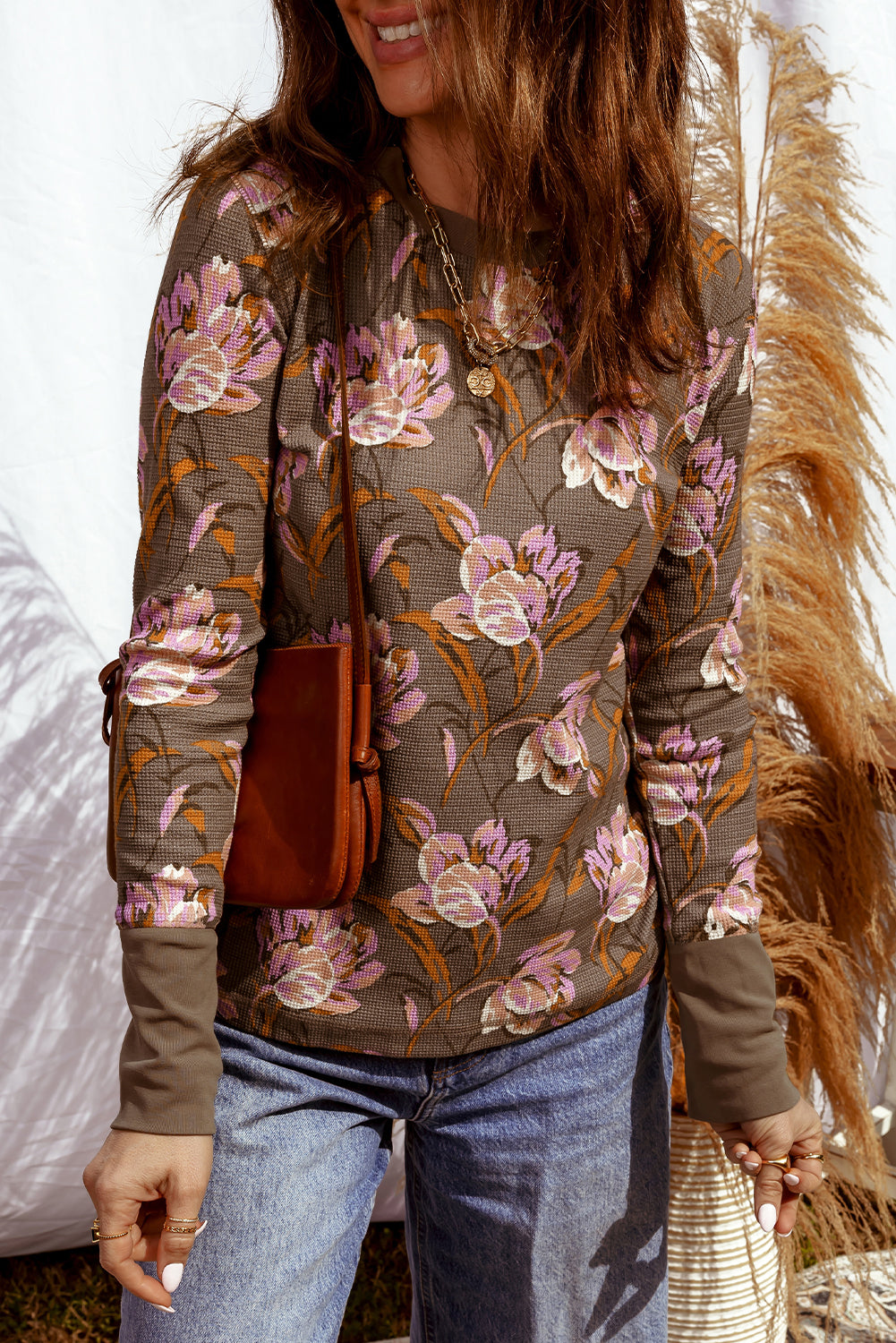 Floral-Print Long-Sleeved Waffle Textured Top in Brown