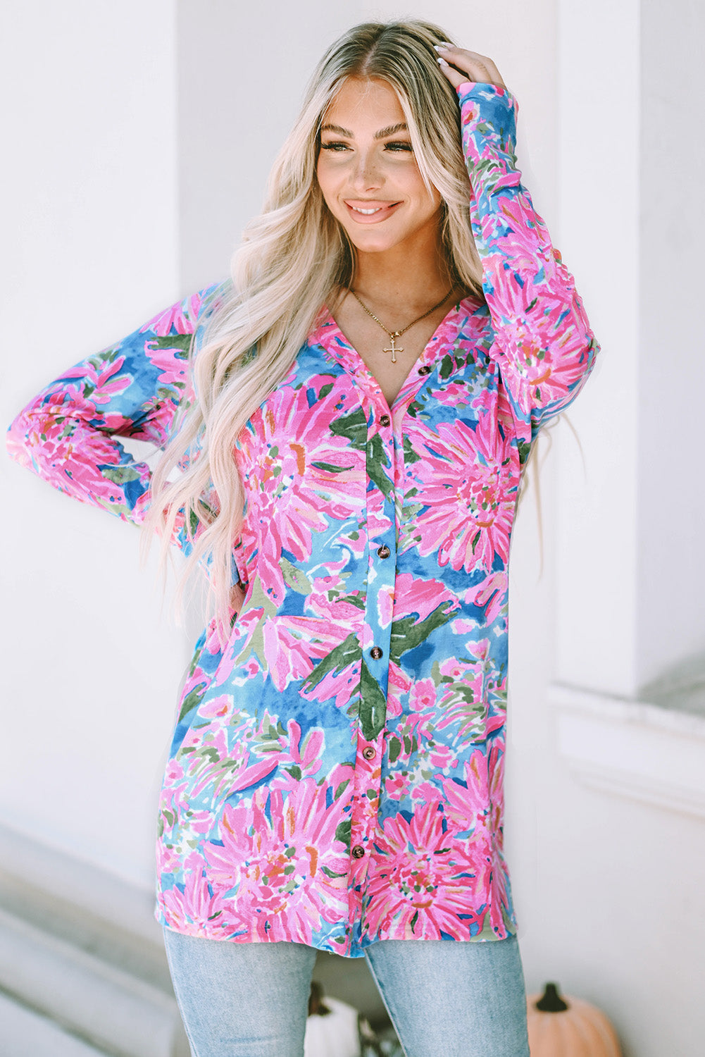 Cardigan for Women Flower Long-Sleeve Button Up
