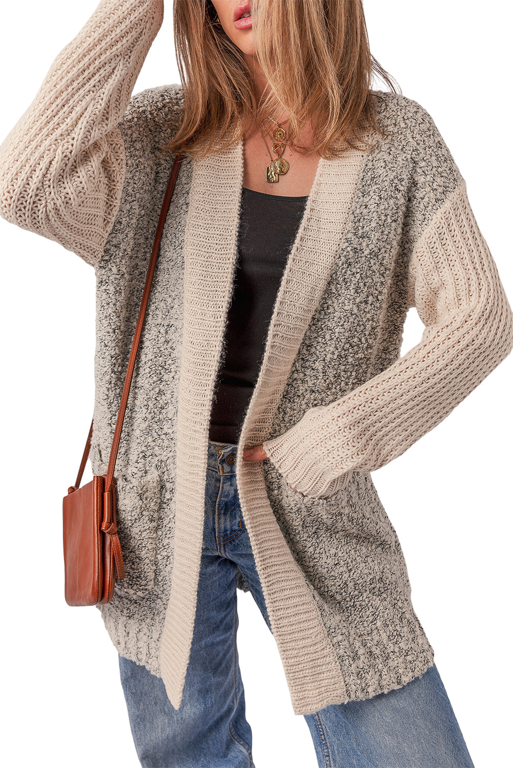 Colorblock Side Pockets Open-Front Cardigan