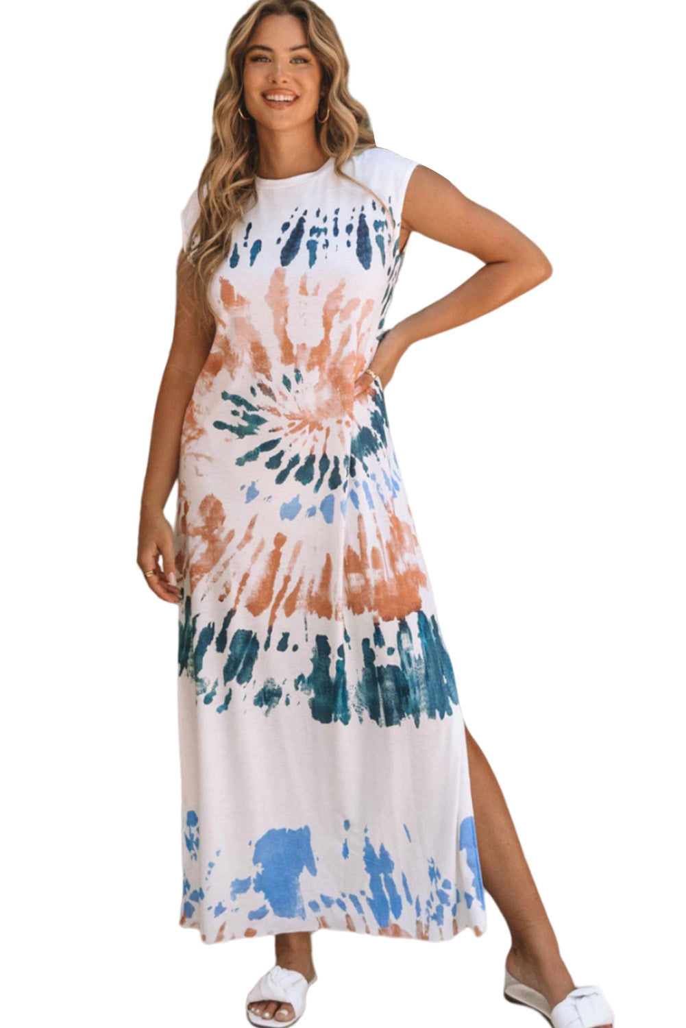 Women's Dress with Cap Sleeve Tie Dye Long Slit