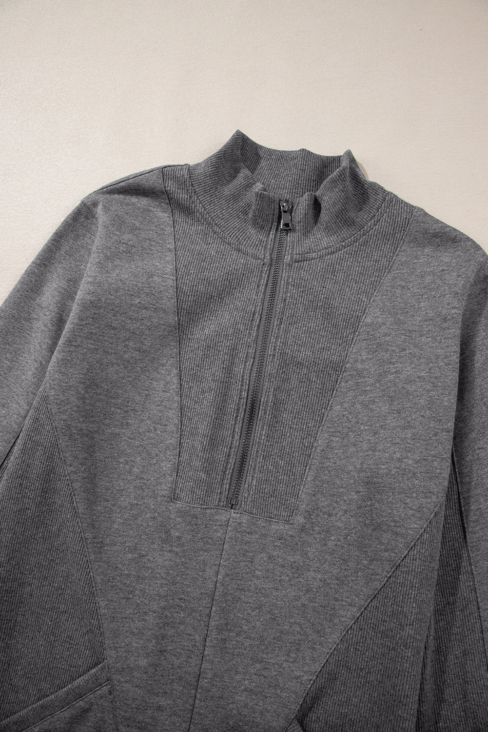 Zip-Front Patchwork Collared Rib-Knit Sweatshirt Dress Featuring Pockets