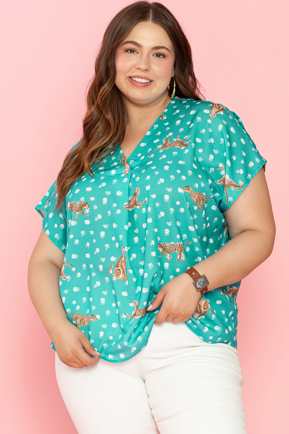 Women's Top with Cheetah V Neck Plus Size