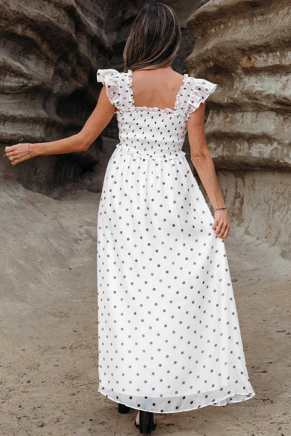 White Polka Dot Square Neck Smocked Maxi Dress