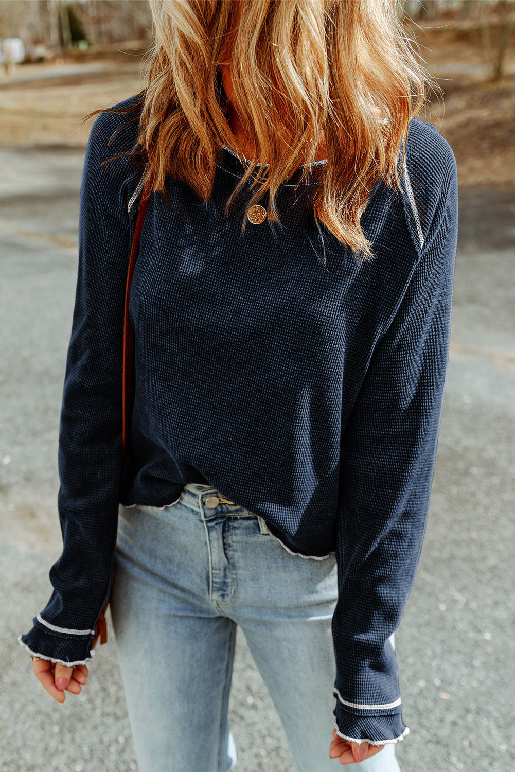 Women's Top with Textured Round Neck Long-Sleeve