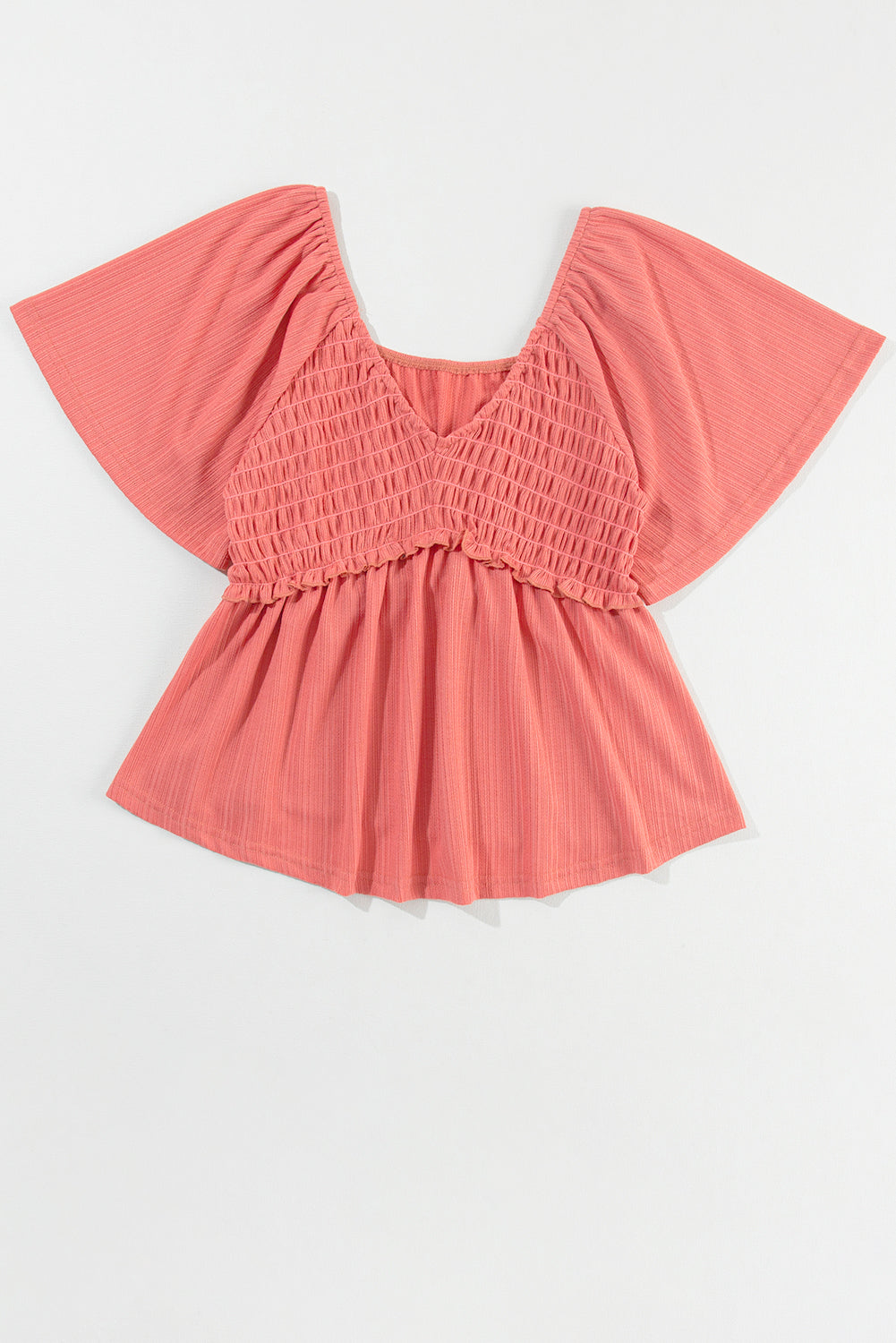 Women's Shirred V Neck Short Flutter Sleeve Textured Blouse