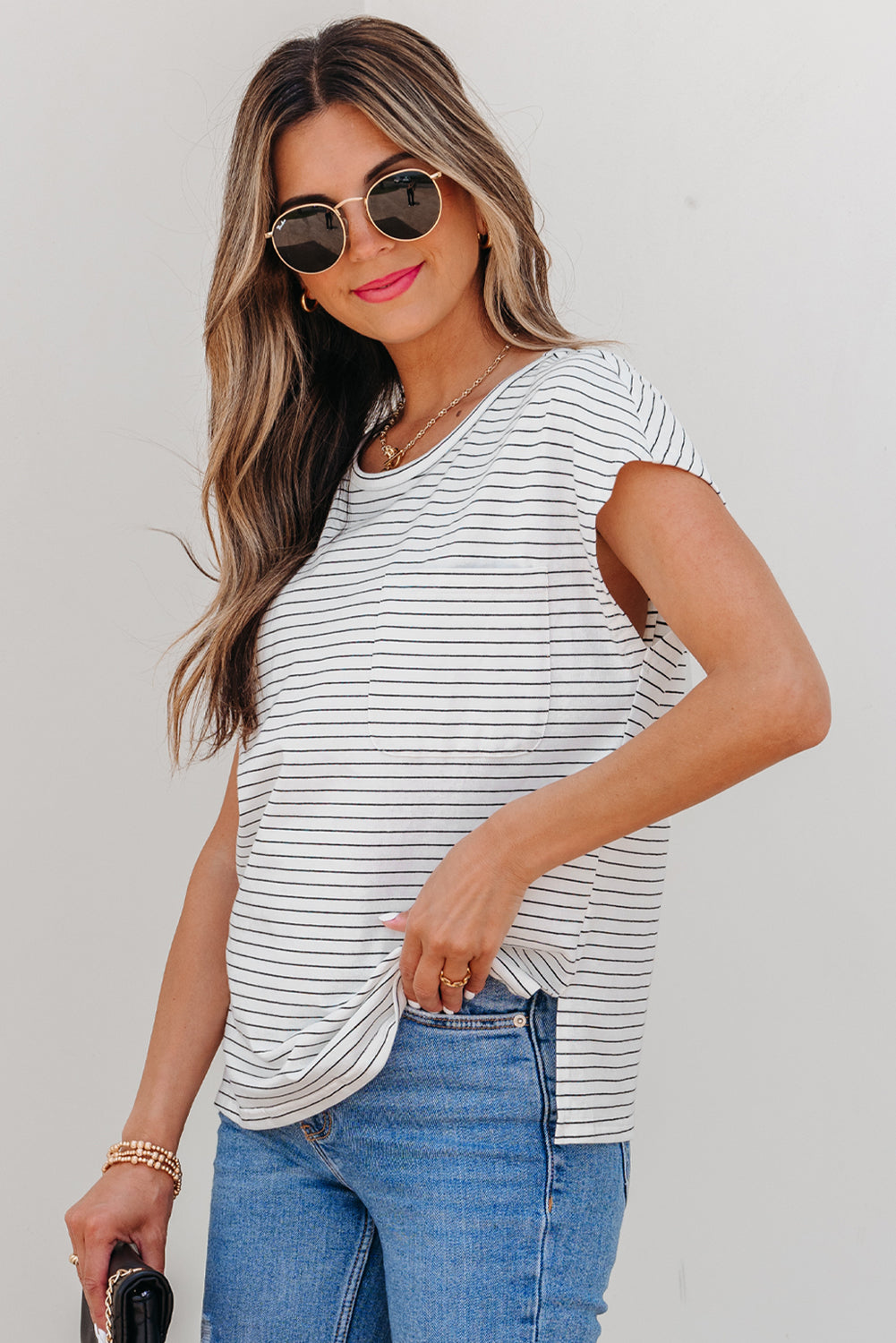 Cap Sleeve Crew Neck Casual Tee with Chest Pocket