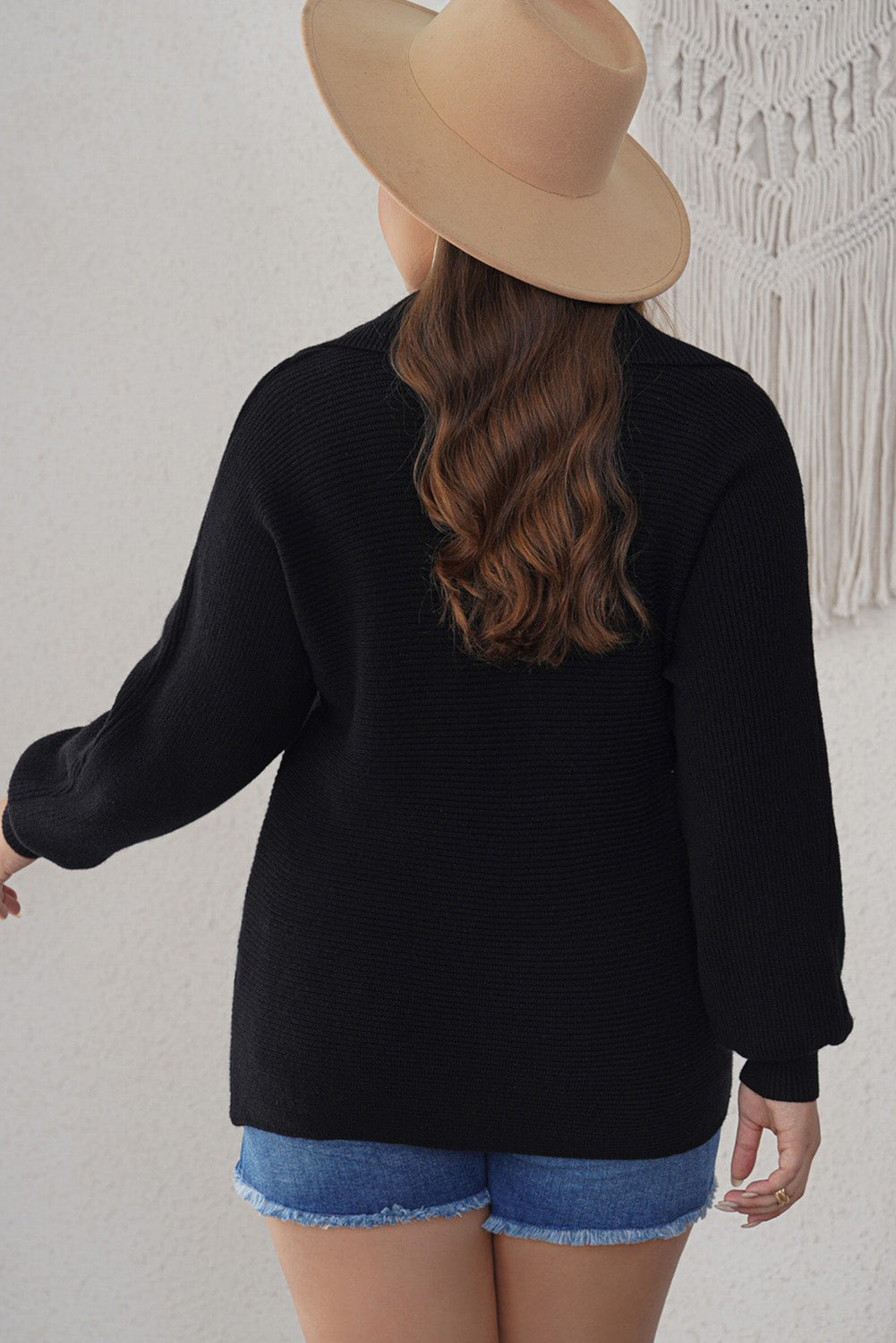 Women's Knitted Lapel Collar Curvy Rib-Knitted Sweater