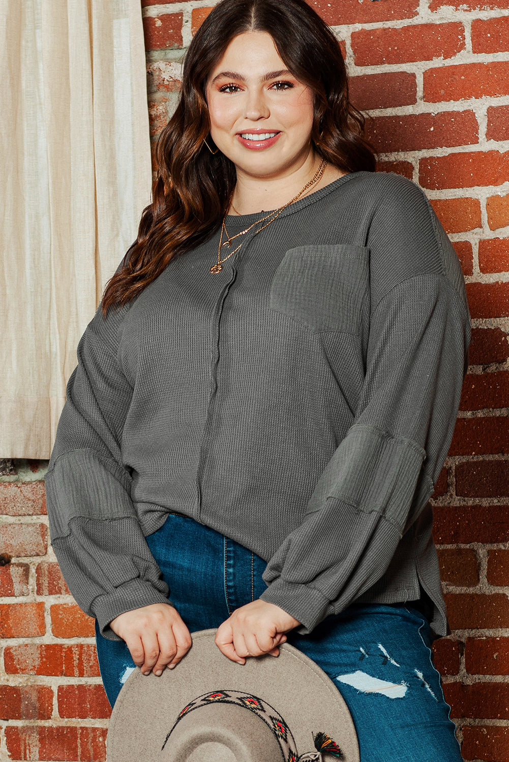 Women's Top Featuring Crinkle Patchwork Plus Size