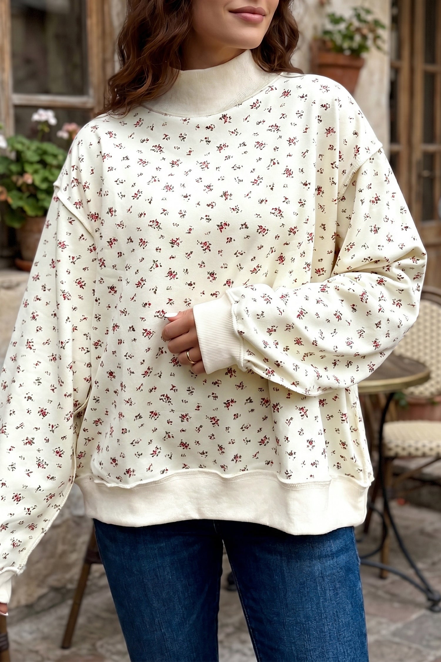 Rib-Knit Floral-Print High Neck Baggy Pullover Sweatshirt in Beige