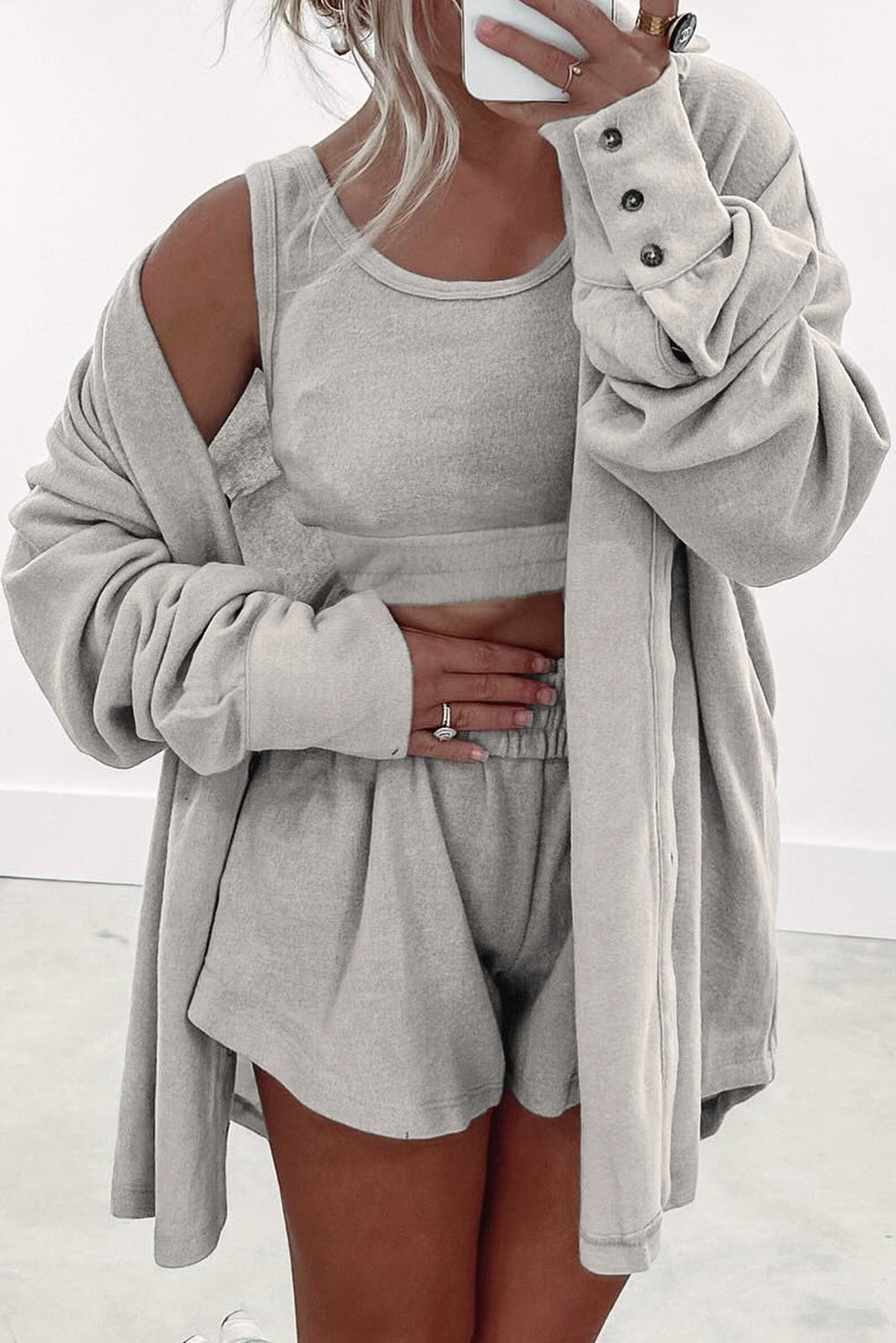 Pcs Crop 3 Crop Tank Top Shorts with Cardigan Lounge Set in Gray