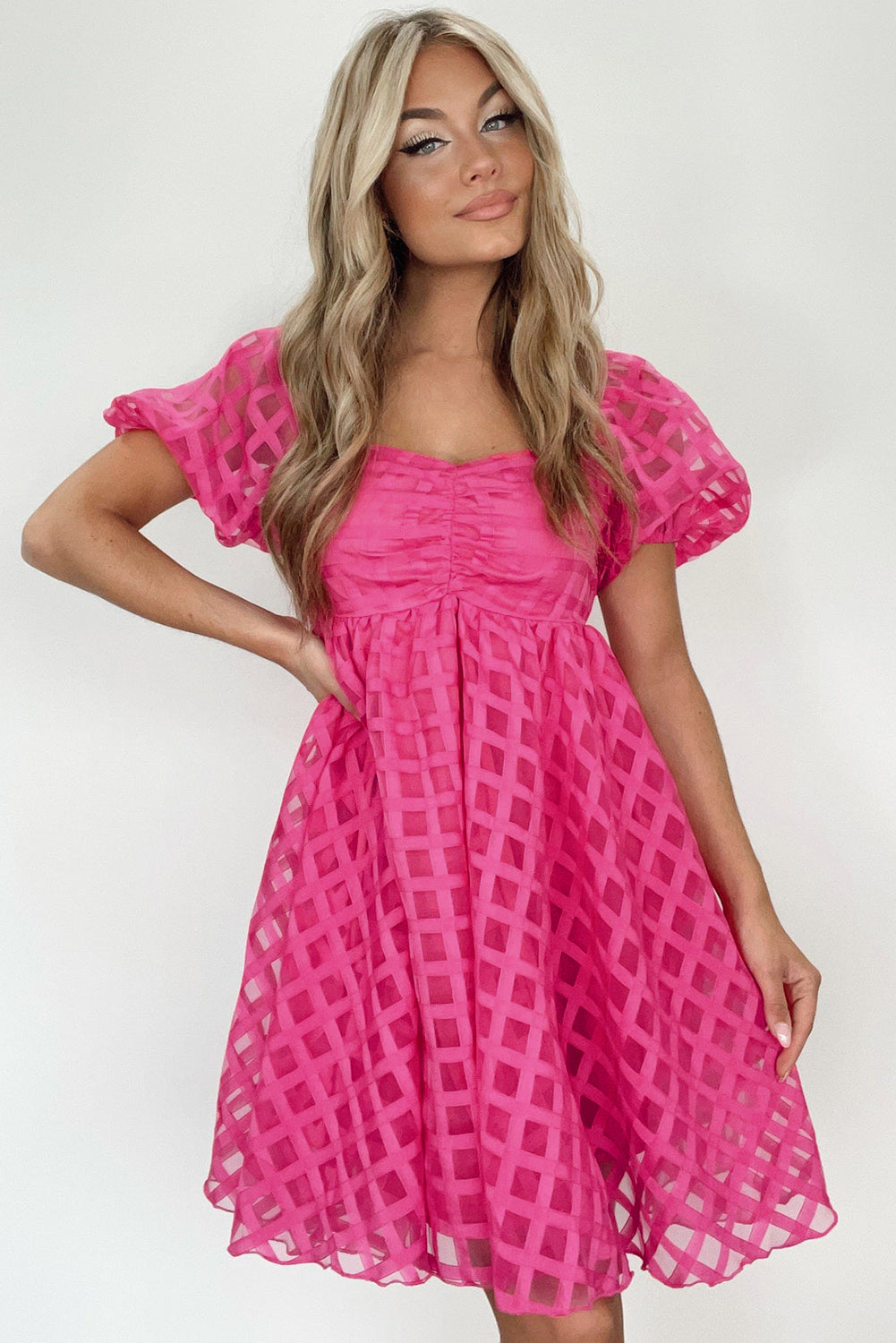 Women's Dress with Checked Balloon Sleeve Babydoll