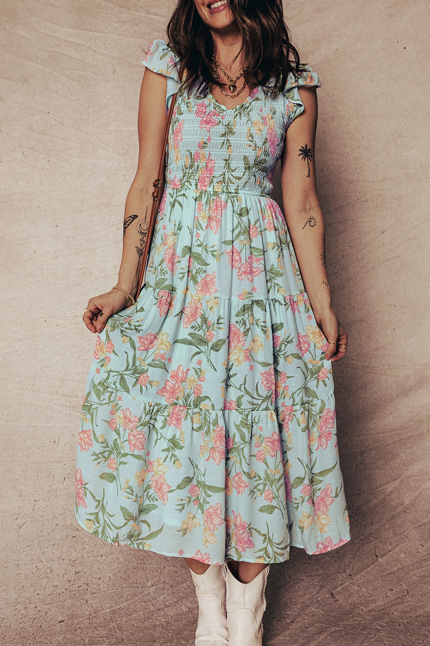Smocked Sleeveless Bodice Ruffled Tiered Floral Maxi Dress