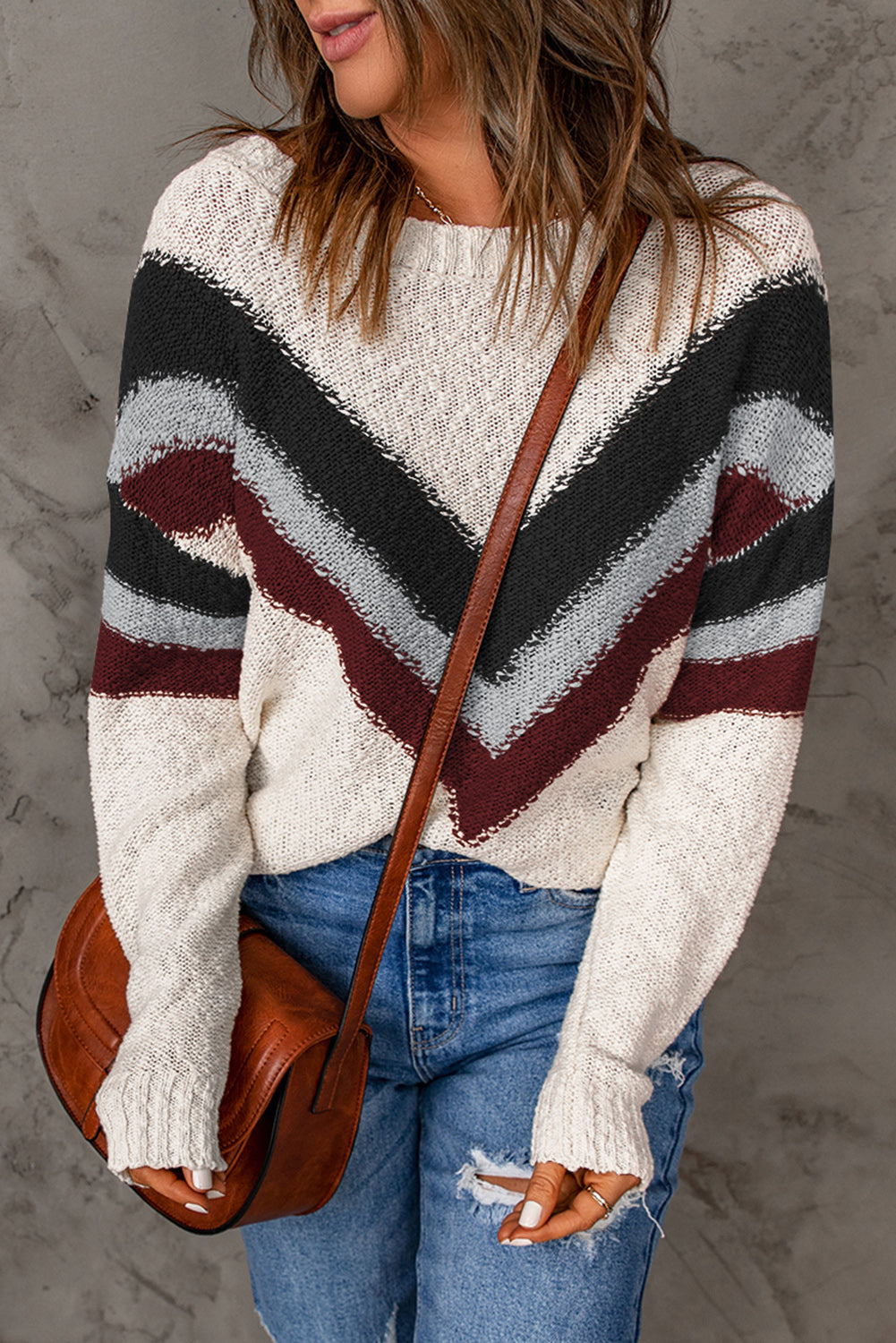 Women's Chevron Striped Dropped-Shoulder Sweater
