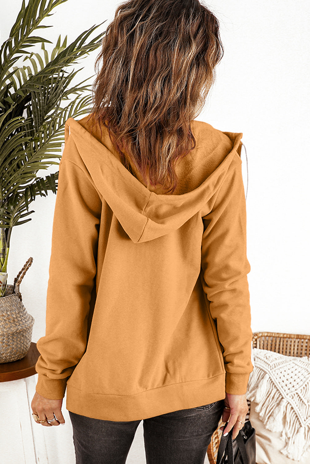 Women's Jacket with Zip-Front Pocket Drawcord Brown Hoodie