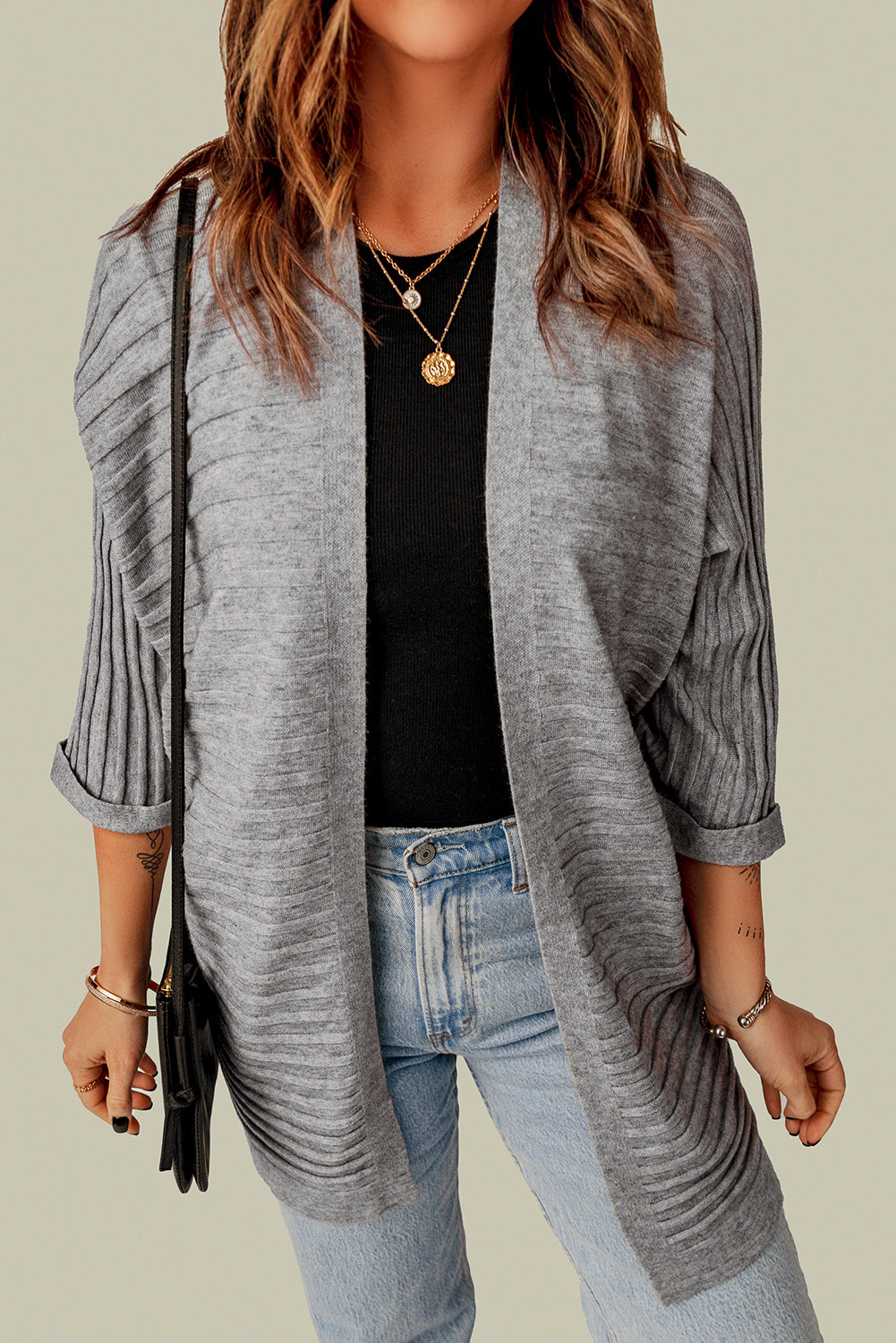 Women's Rib-Knitted Open Front Knit Cardigan