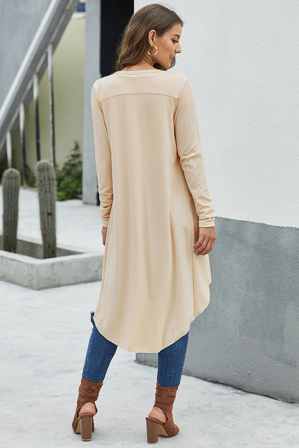 Women's Long Cardigan with Apricot Selected Button Down Pocket-Detail Knitted High Low