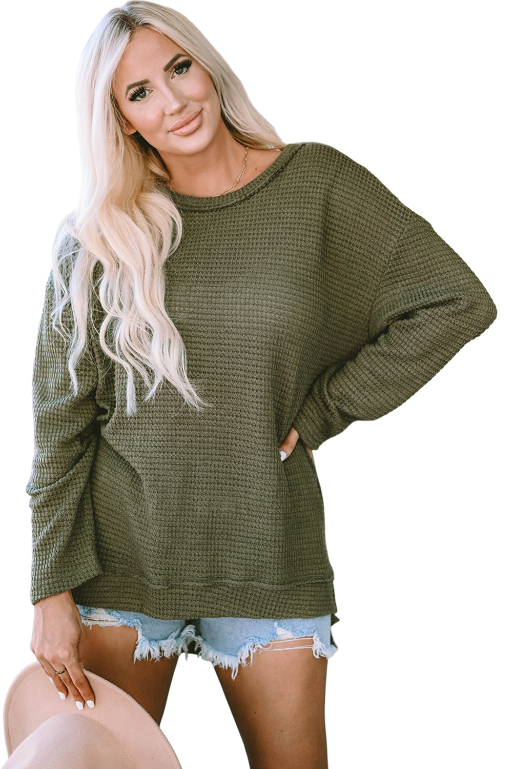 Top for Women Waffle Knitted High Slits Oversized