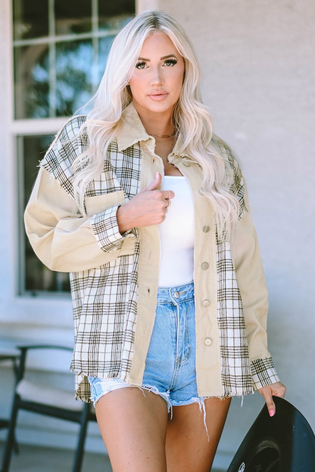 Women's Distressed Raw Edge Plaid Patchwork Denim Jacket