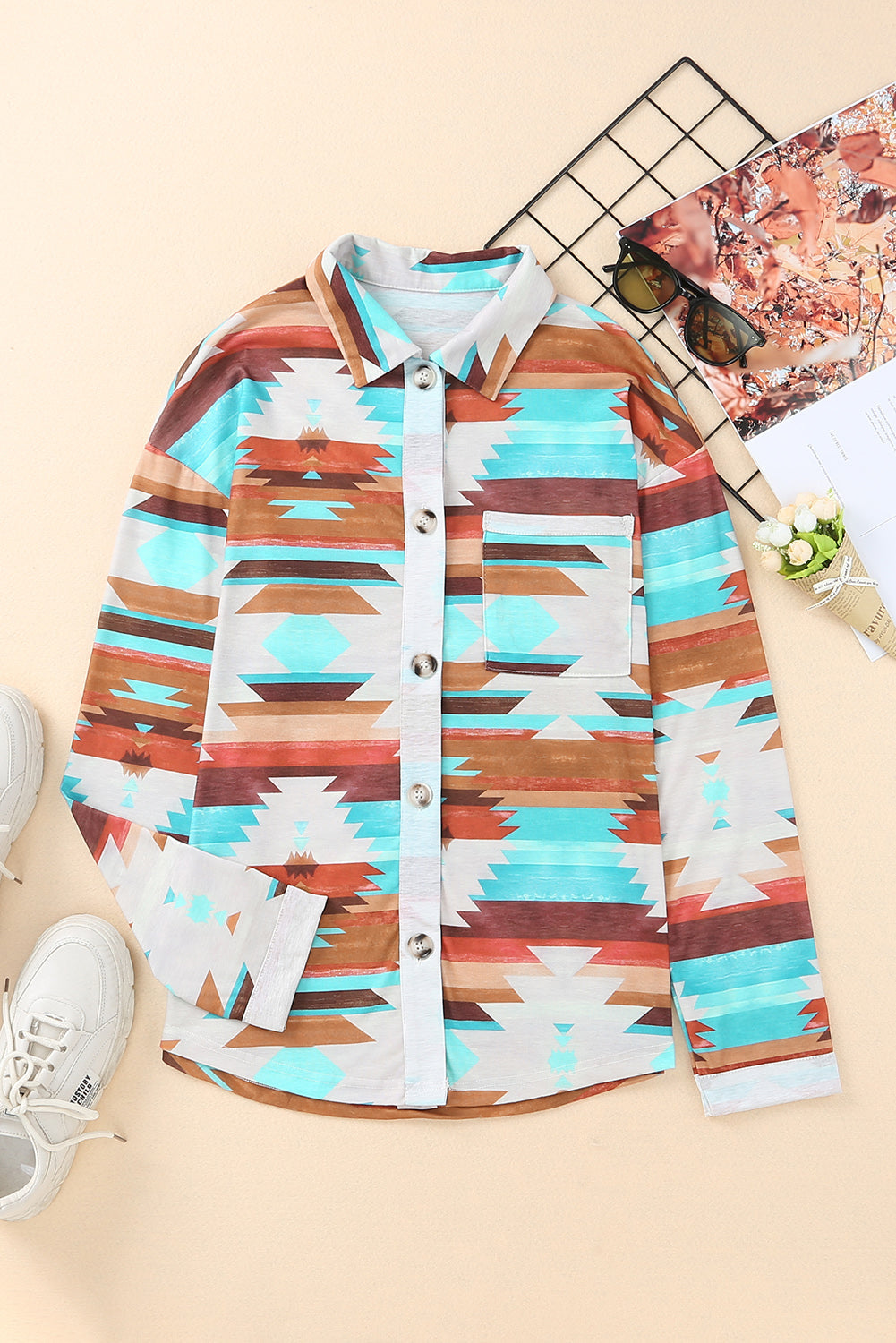Shacket for Women Aztec Button-Front Pocket Chest Shirt
