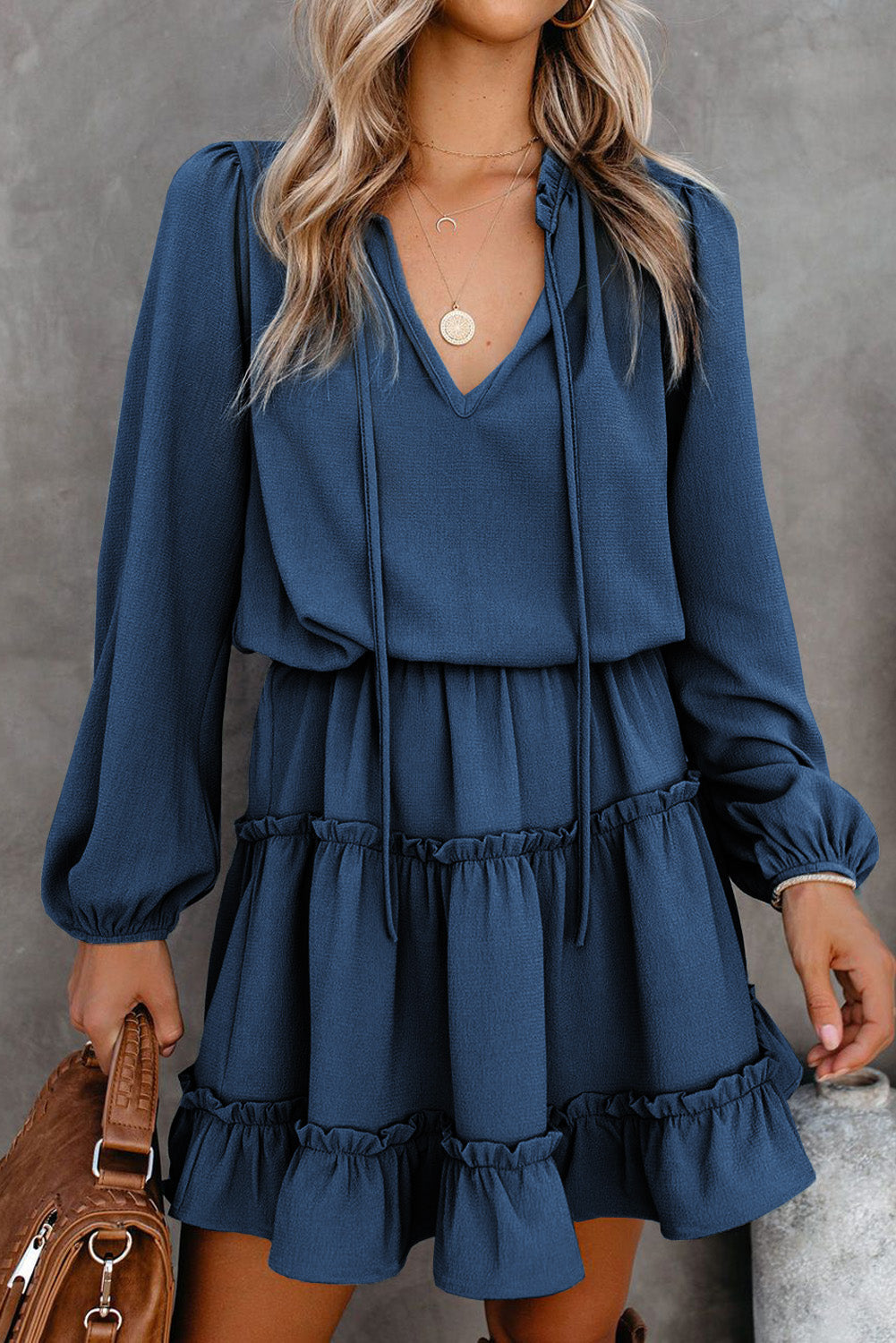 Dark V-Neck Long-Sleeved Ruffle Tiered Mini Dress