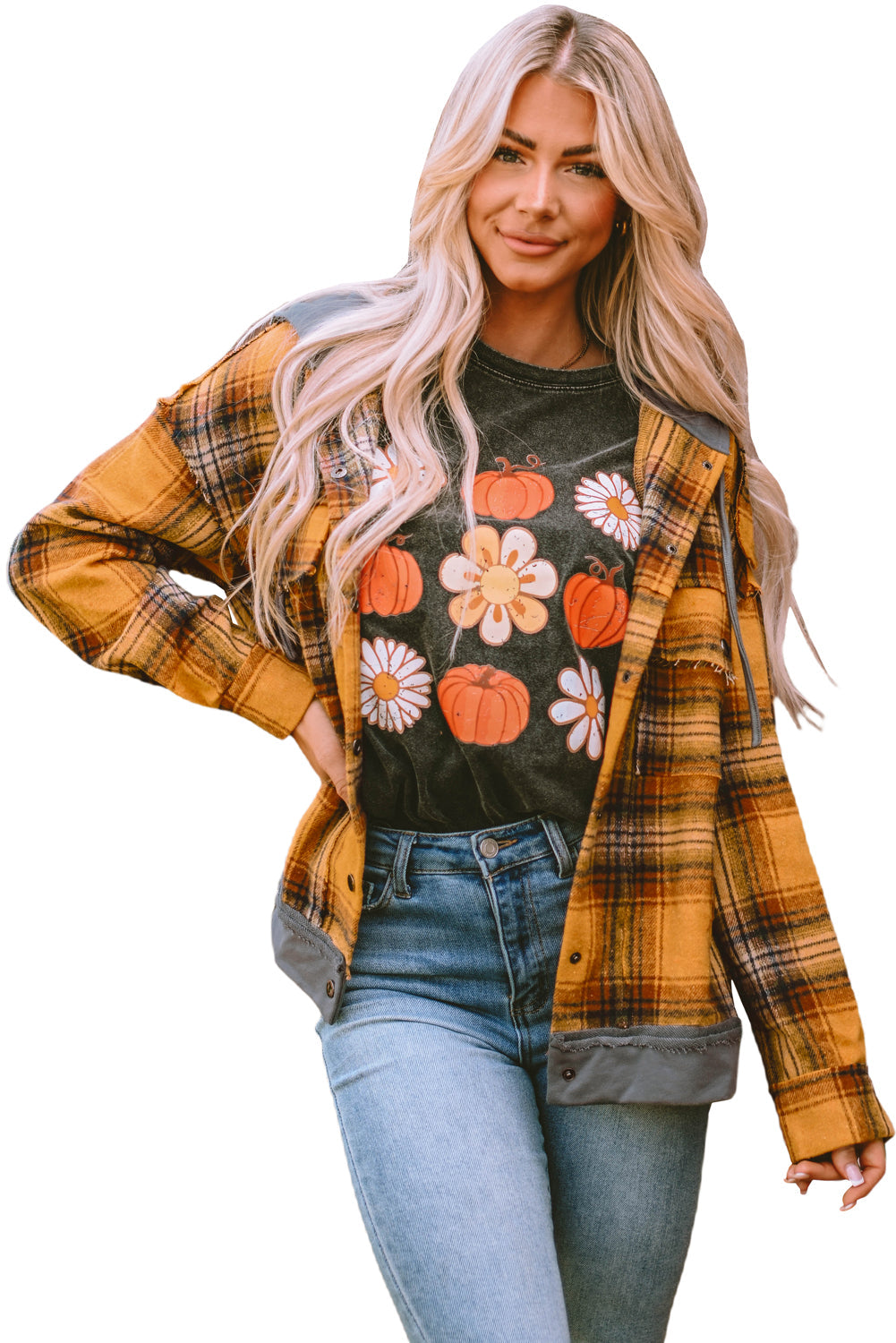Women's Jacket with Plaid Hooded Frayed Snap