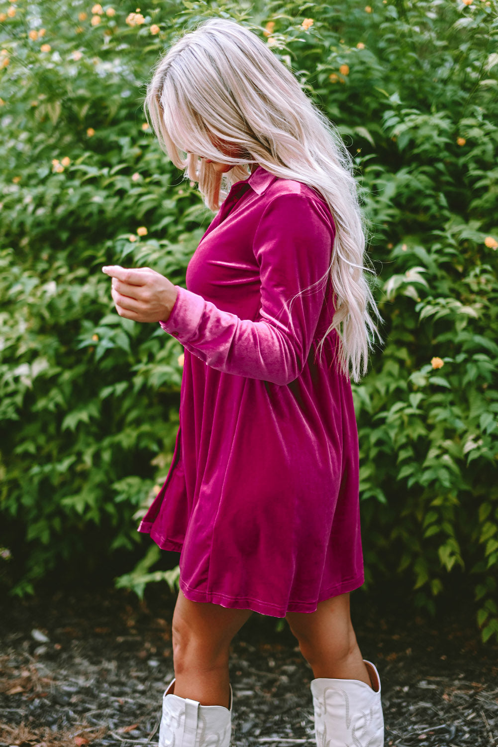 Women's Button Up Ruffle-Trimmed Velvet Dress