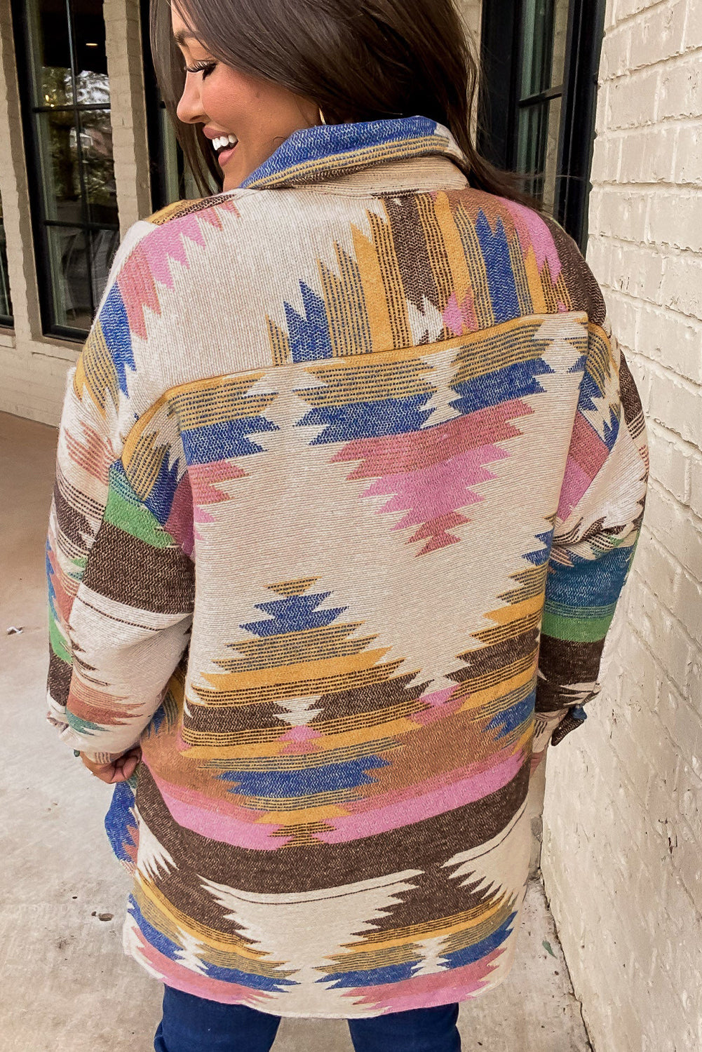 Aztec Print Button-Front Shacket in White