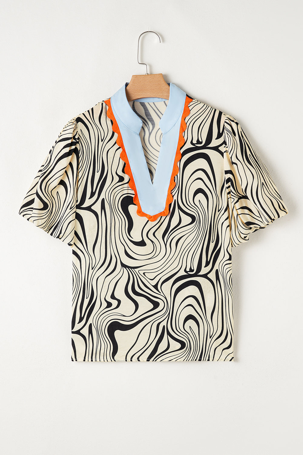 Print Zebra Stripe Contrast V-Neck Ricrac Detail Short-Sleeved Blouse Top