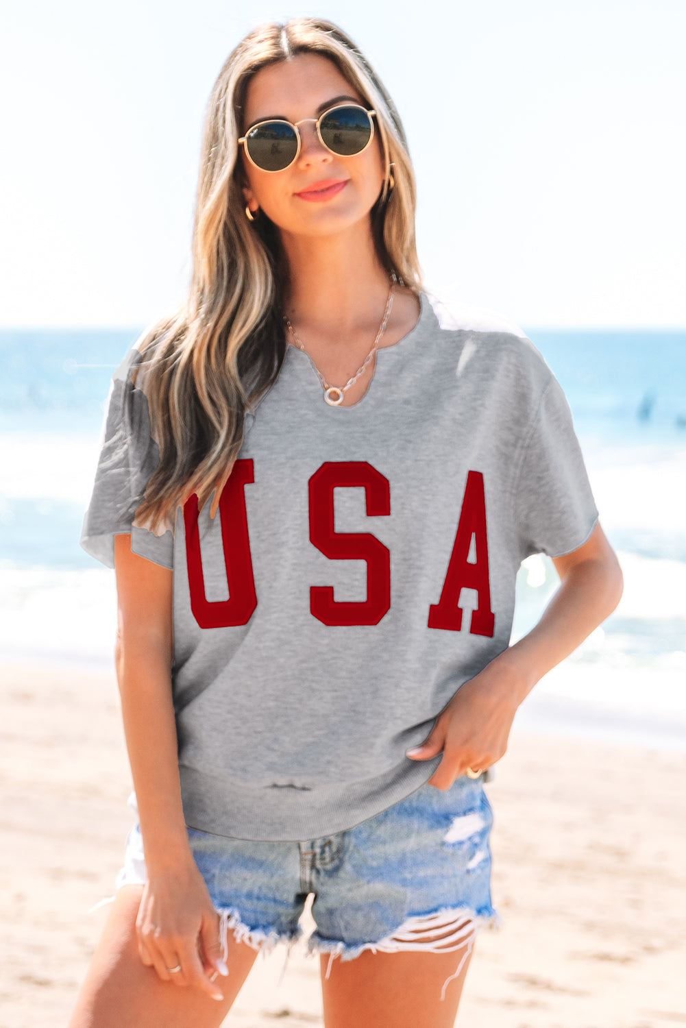 Gray USA Lettering Patch Notched Neck Loose Tee