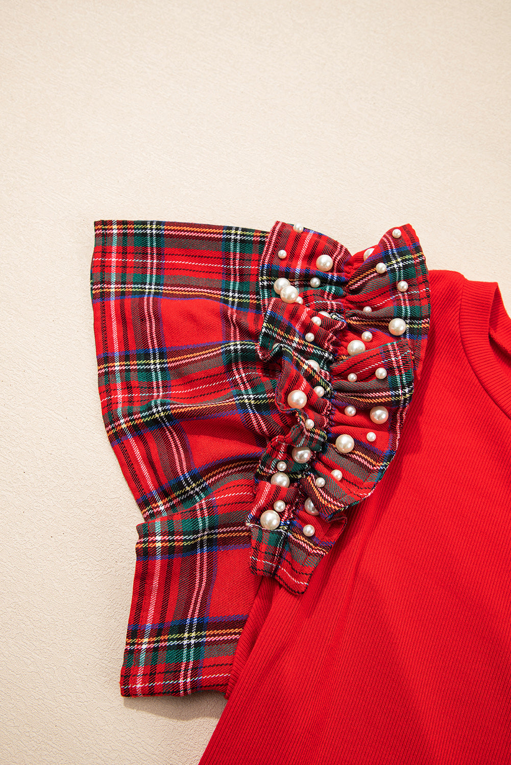 Ruffle Plaid Pearl Short-Sleeved Loose T Shirt in Red