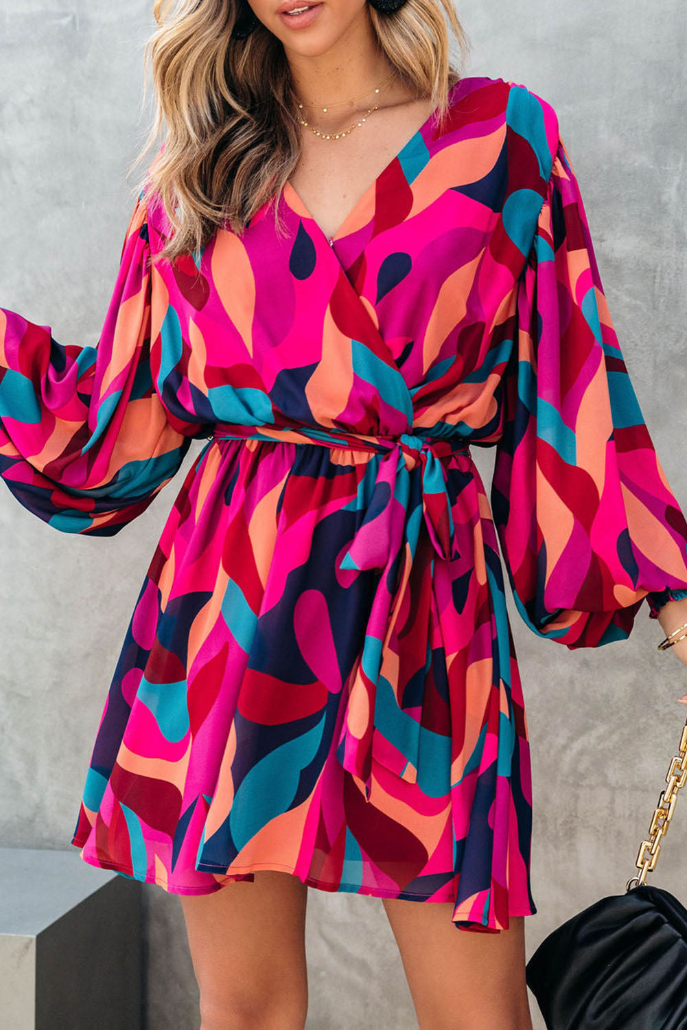 Women's Sleeve Belted Balloon Mini Dress