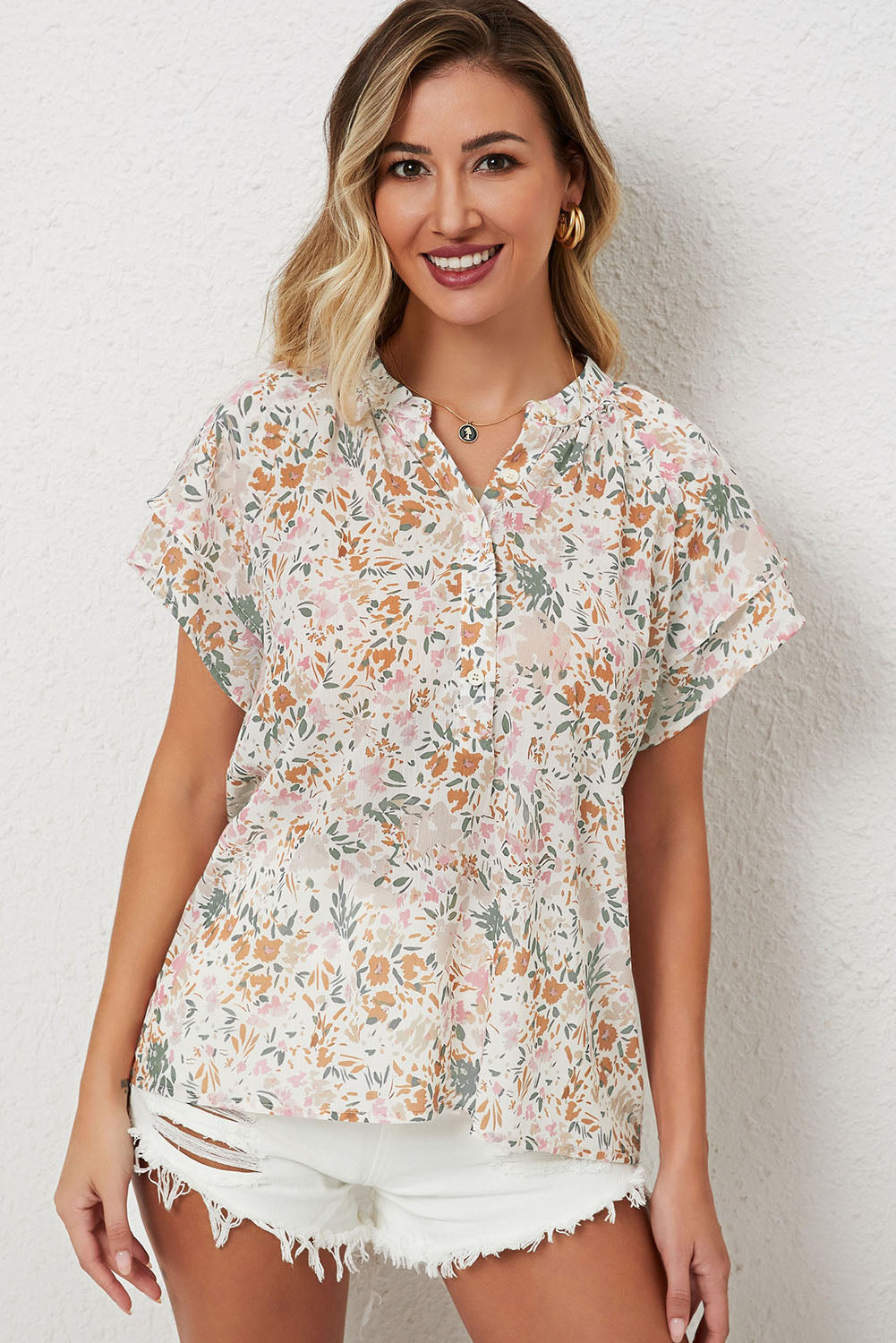 Women's Top with Multicolor Floral-Print Mandarin Collar