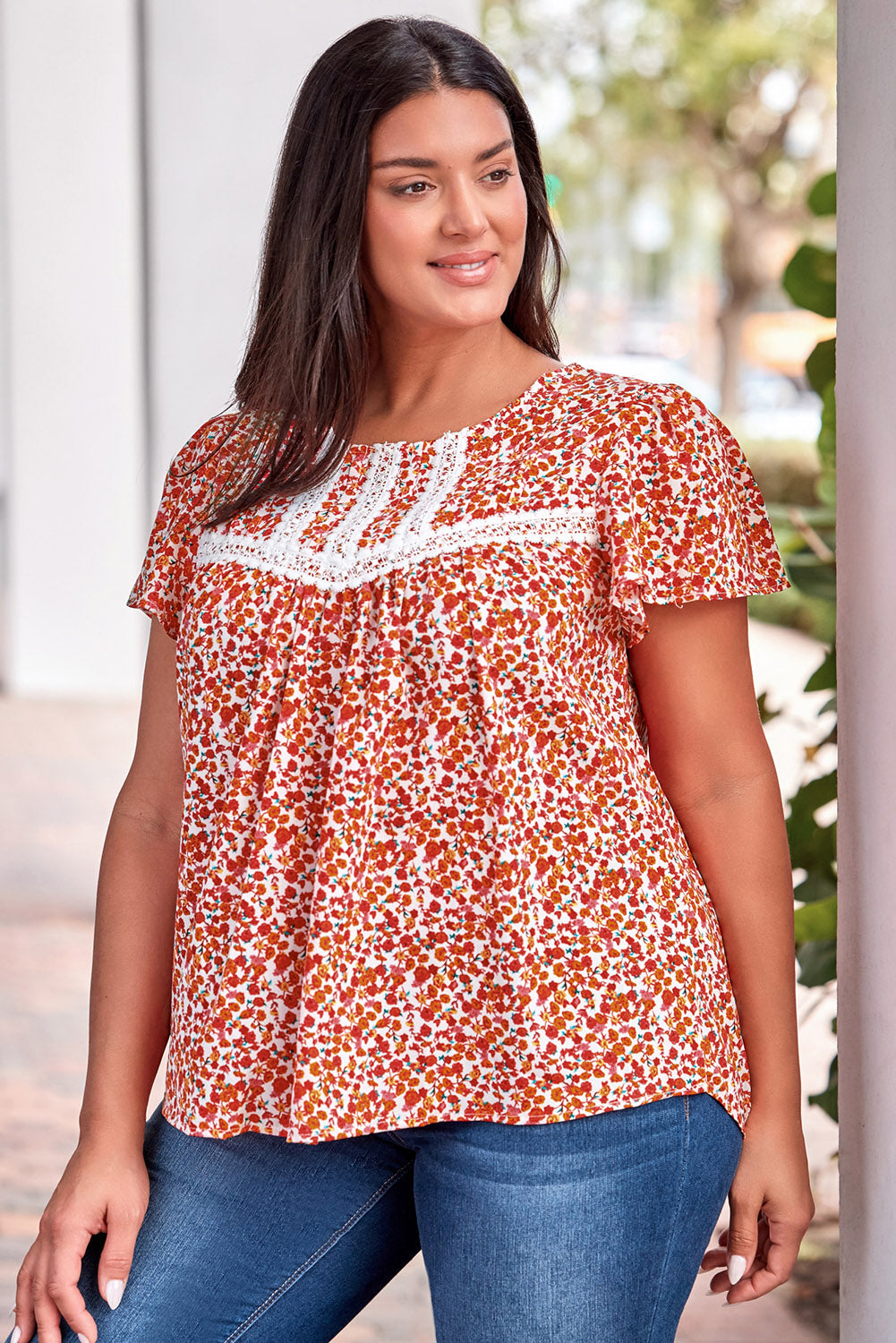 Women's Blouse Featuring Lace-Trimmed Trim Plus Ruffle-Trimmed Sleeve
