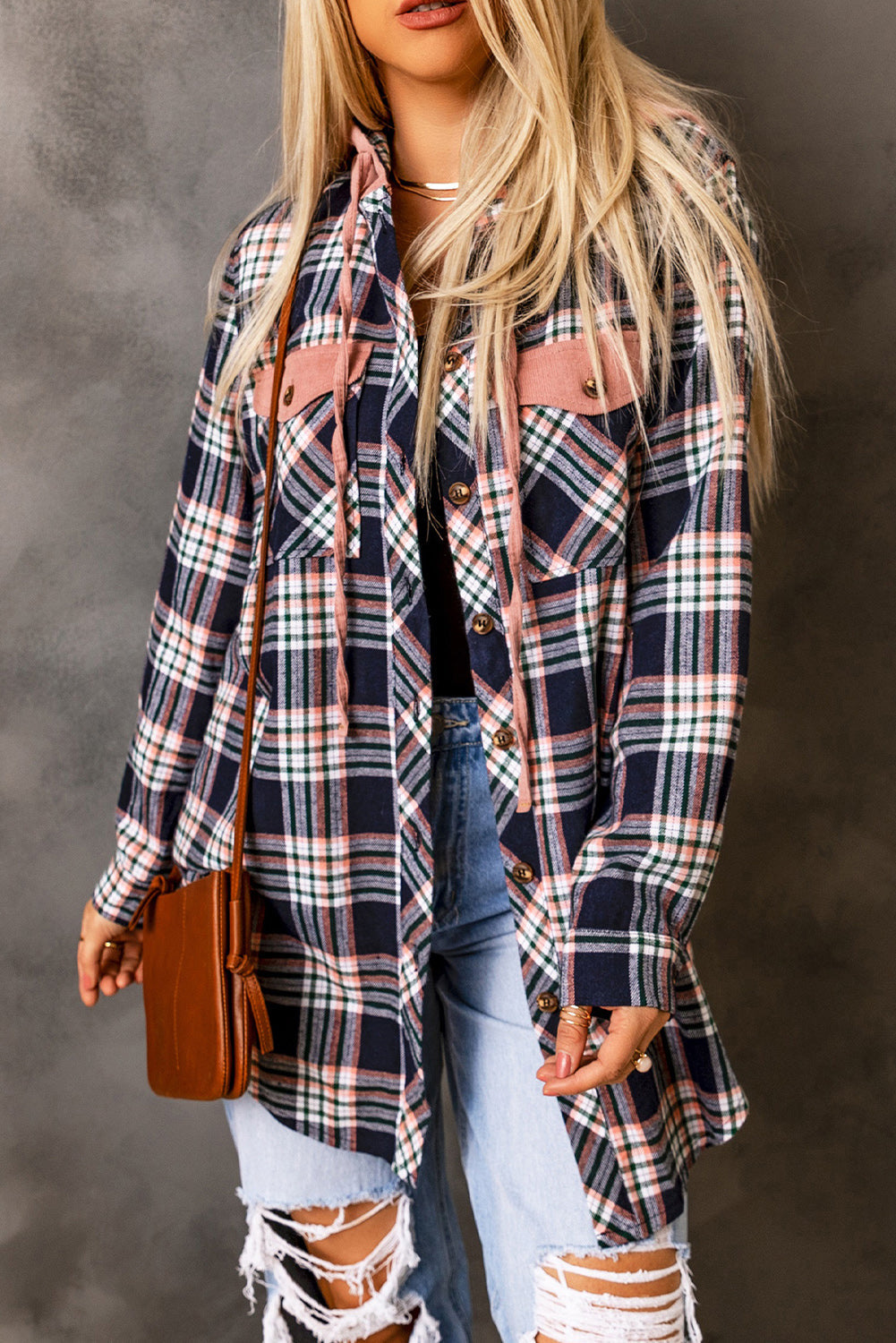 Women's Shacket with Hooded Drawcord Plaid