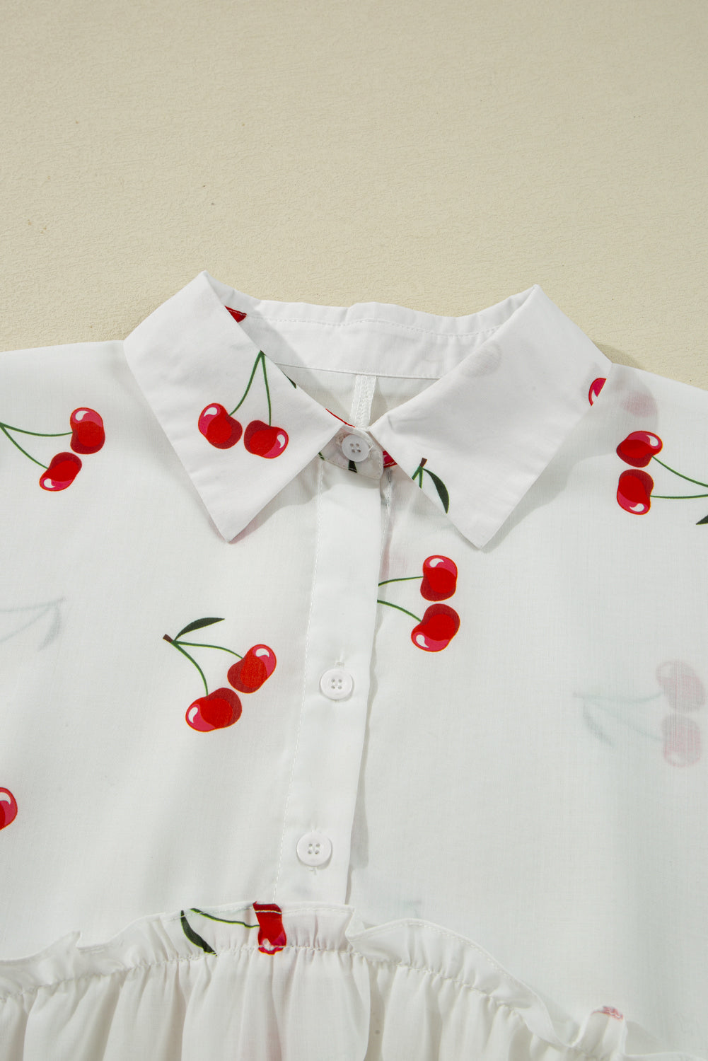 Print Flounce Cherry Flounce Sleeve Collared Frilled Babydoll Blouse