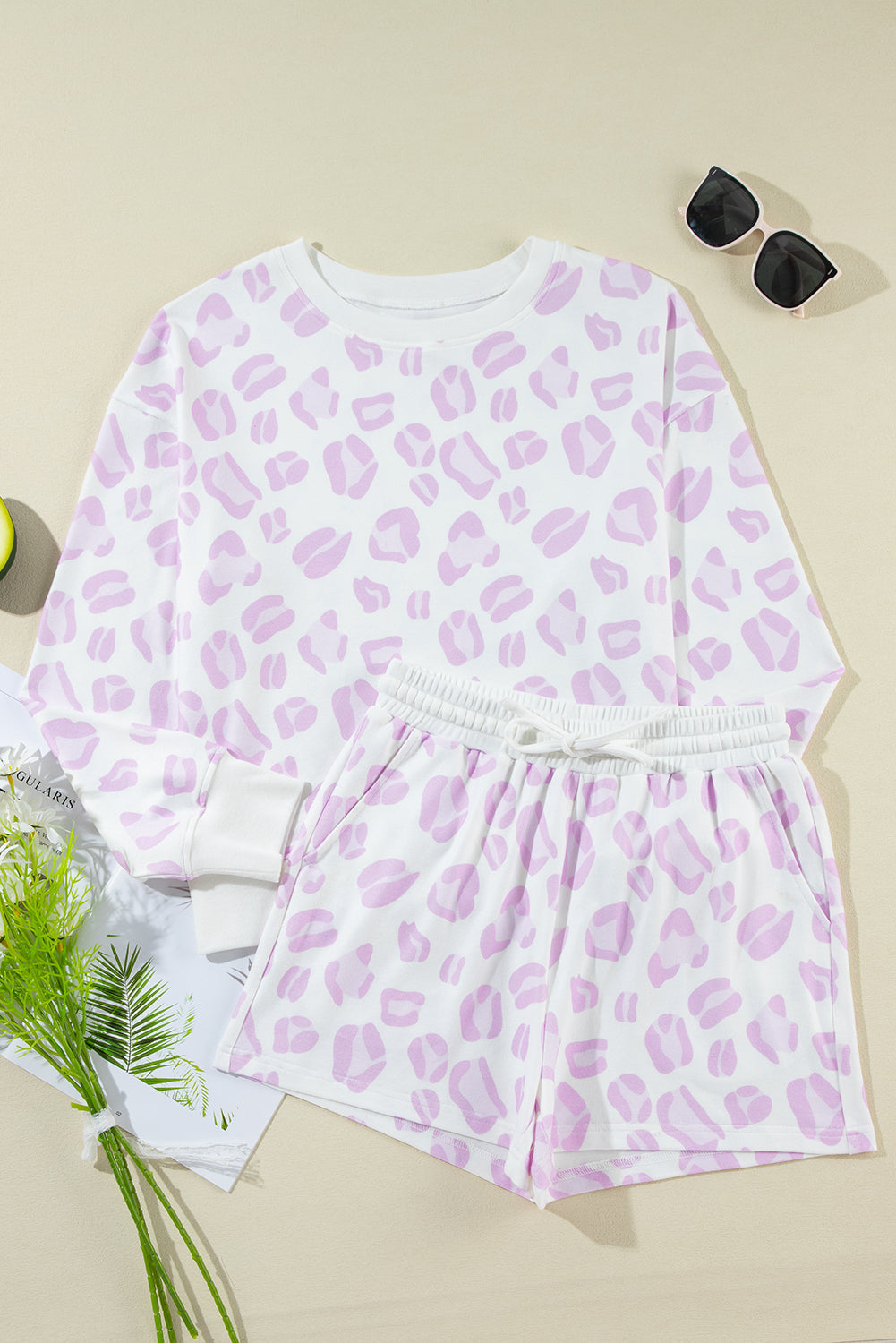 Animal Print Leopard Print Pullover and Shorts Loungewear