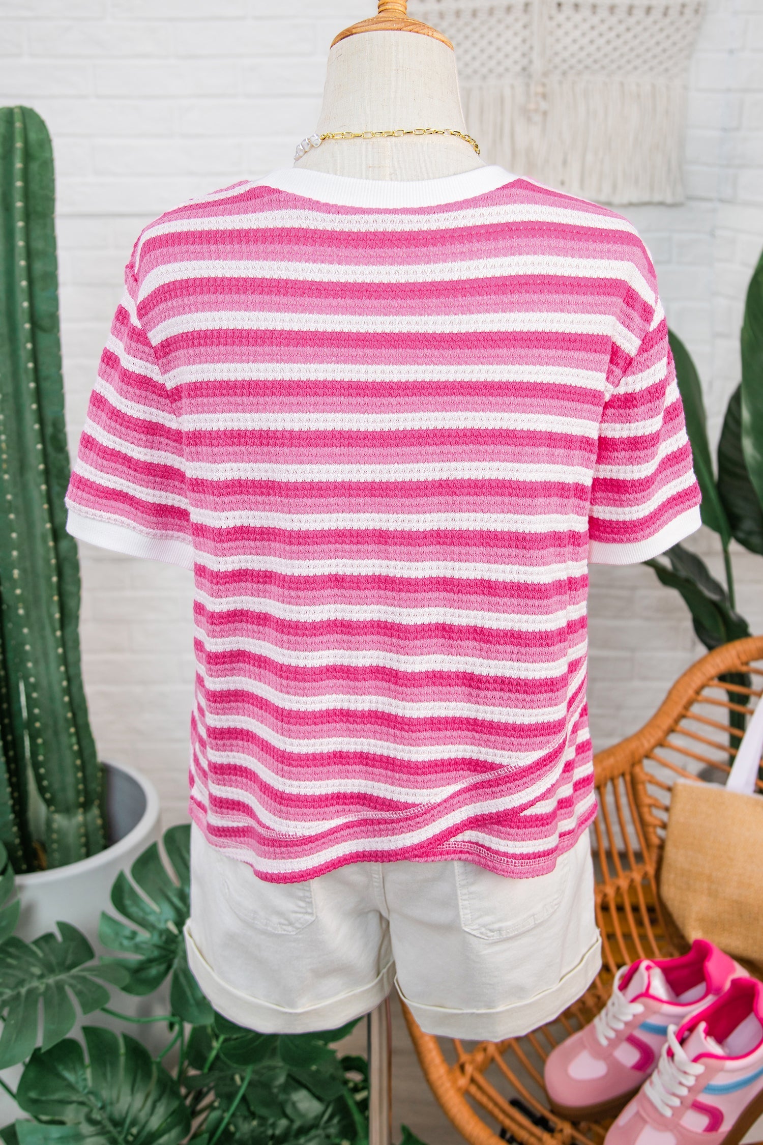 Sachet Pink Textured Knit Short-Sleeved Crossed Detail Tee
