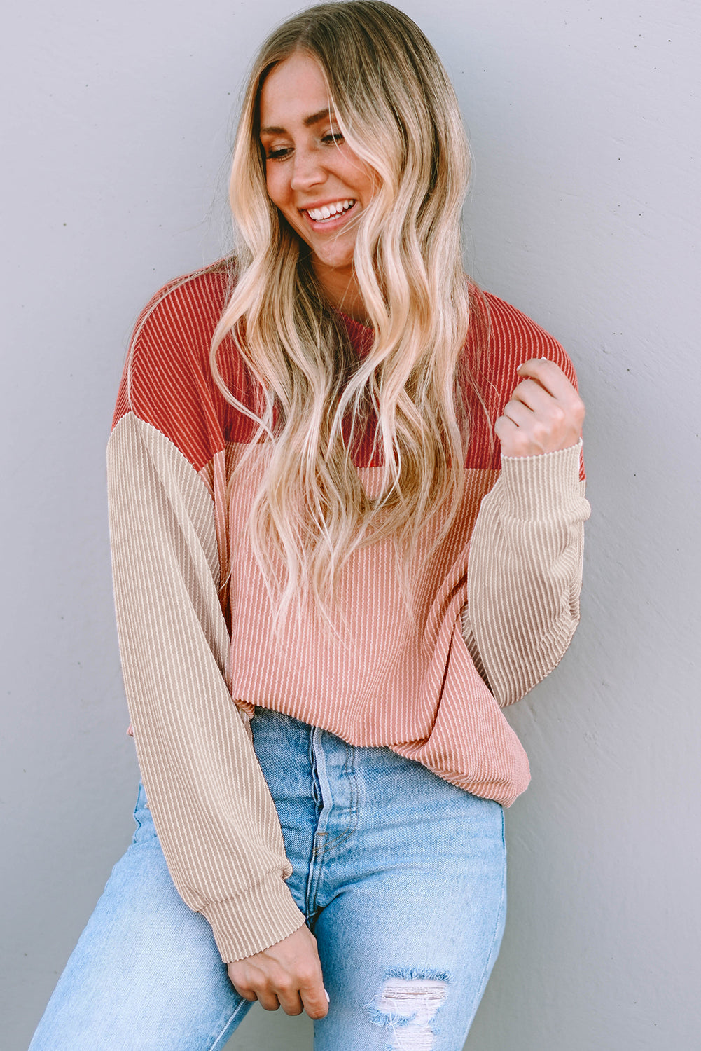 Women's Top Featuring Long-Sleeve Rib-Knitted Loose