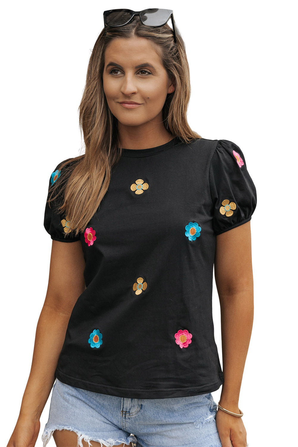Women's Embroidered Flower Balloon Sleeve Tee