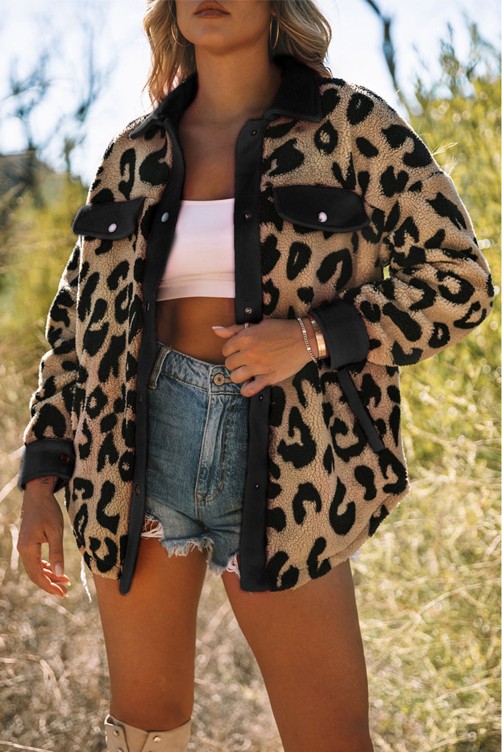 Shacket for Women Teddy Trimmed Leopard-Print