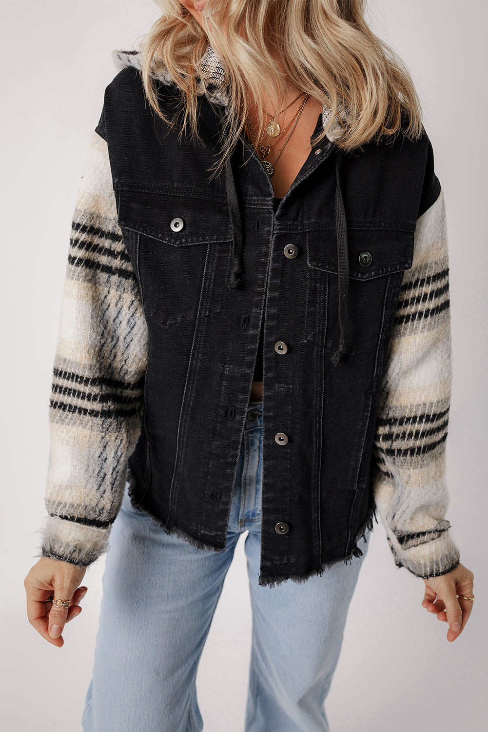 Denim Jacket with Plaid-Patterned Sleeve Frayed Hem Hooded