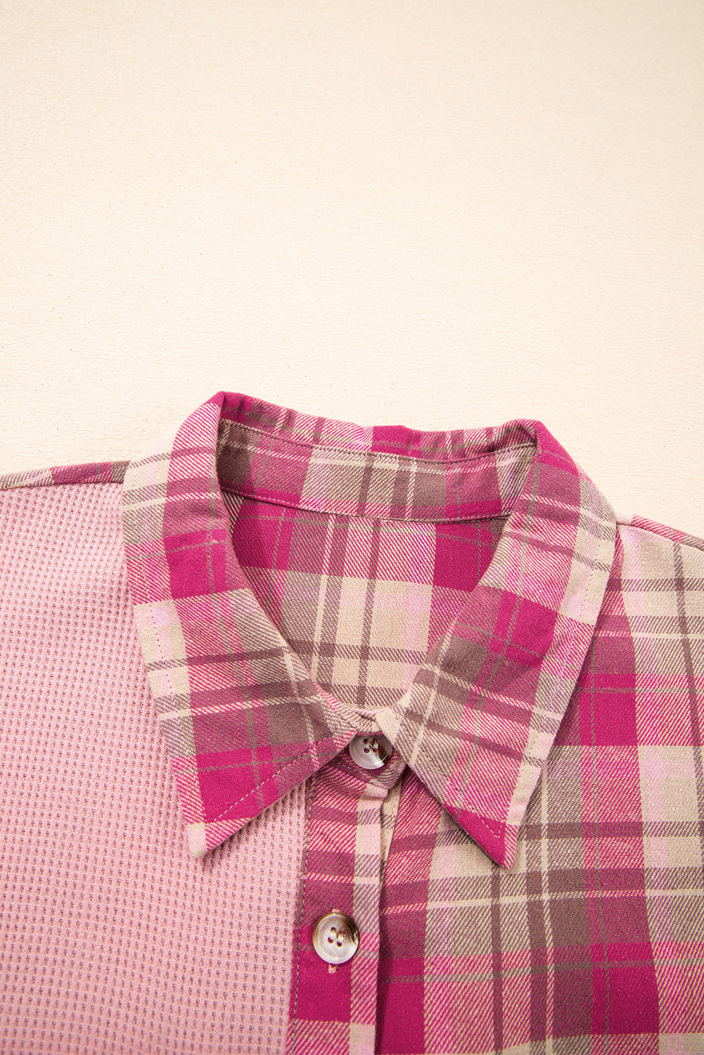 Patch Pocket Waffle Pocket Plaid Patchwork Plus Size Shirt in Pink