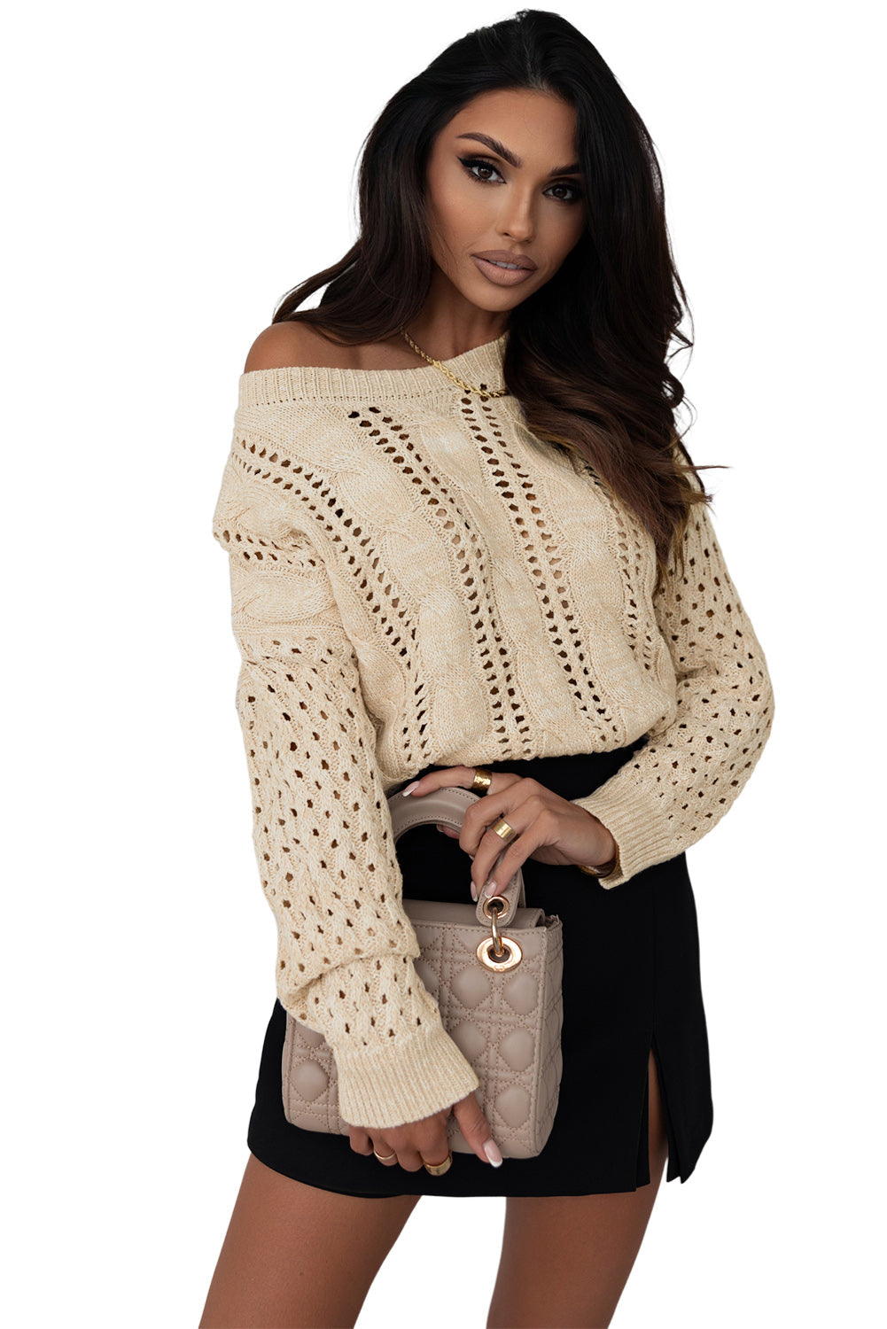 Women's Eyelets Cable Knitted Dropped-Shoulder Sweater