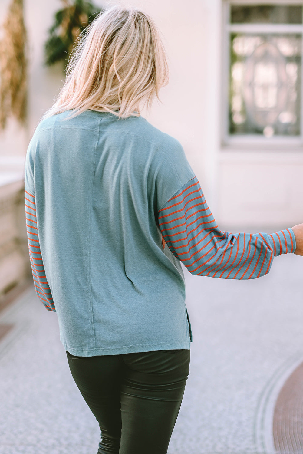 Women's Top with Striped Bishop Sleeve Color-Block