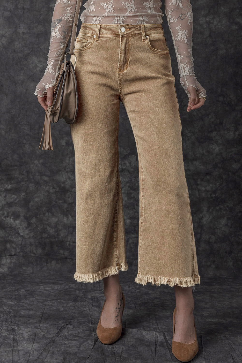 Women's Jeans Featuring Acid Washed High Rise Cropped Wide-Leg