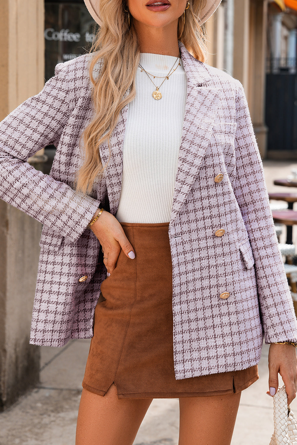 Refined Tweed Plaid Blazer in Burgundy