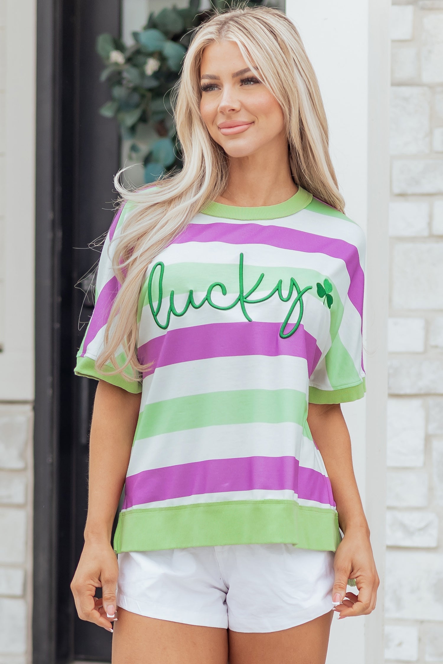 Embroidered Lucky Clover Graphic Dolman Loose Tee