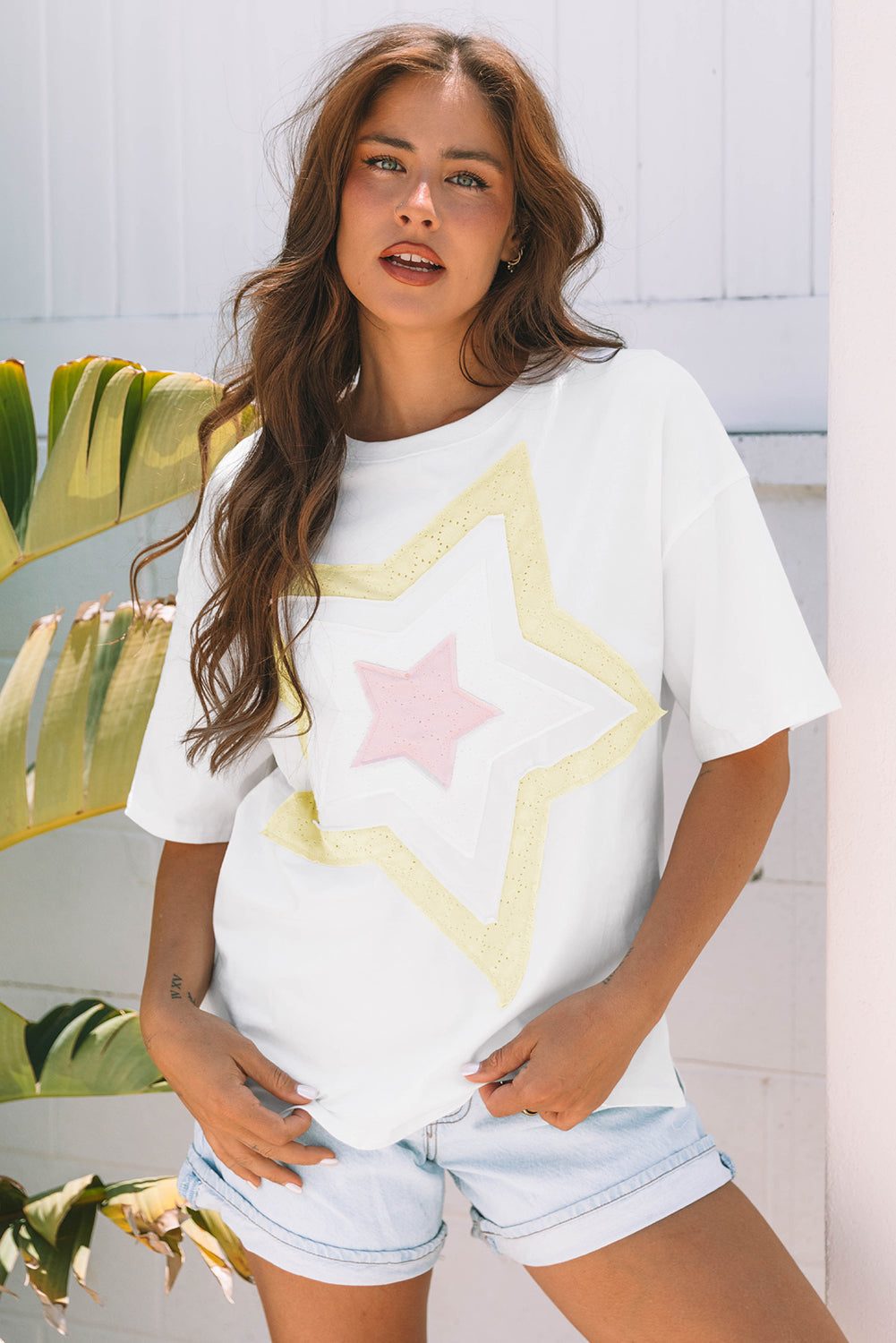 Star Layered Patched Graphic Drop-Shoulder Half Sleeve Loose Tee